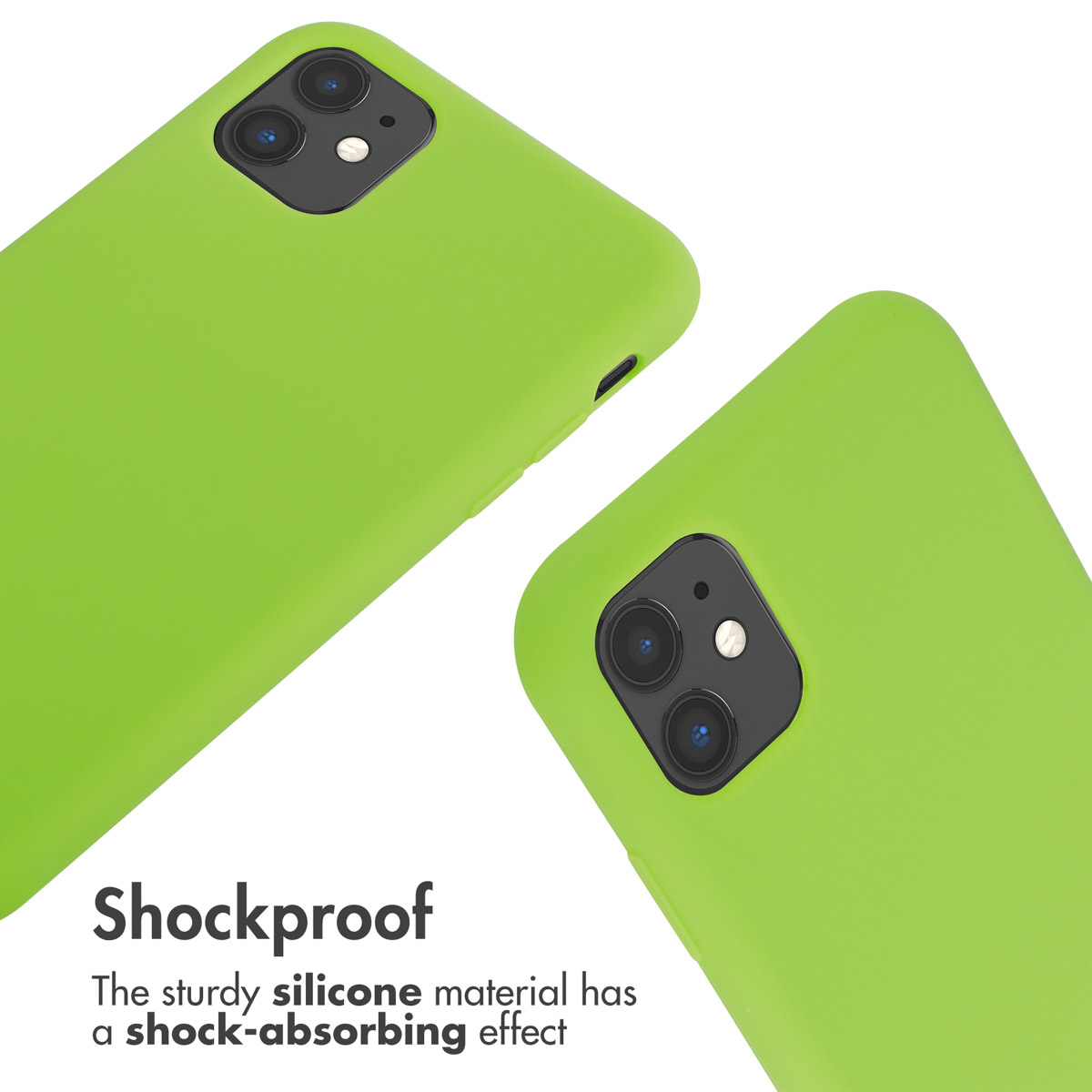 Dos fundas de silicona verde brillante para teléfono con recortes para doble cámara sobre fondo blanco.