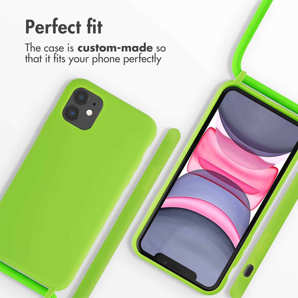 Una funda de smartphone verde neón con correa sobre fondo blanco, texto sobre ajuste perfecto.