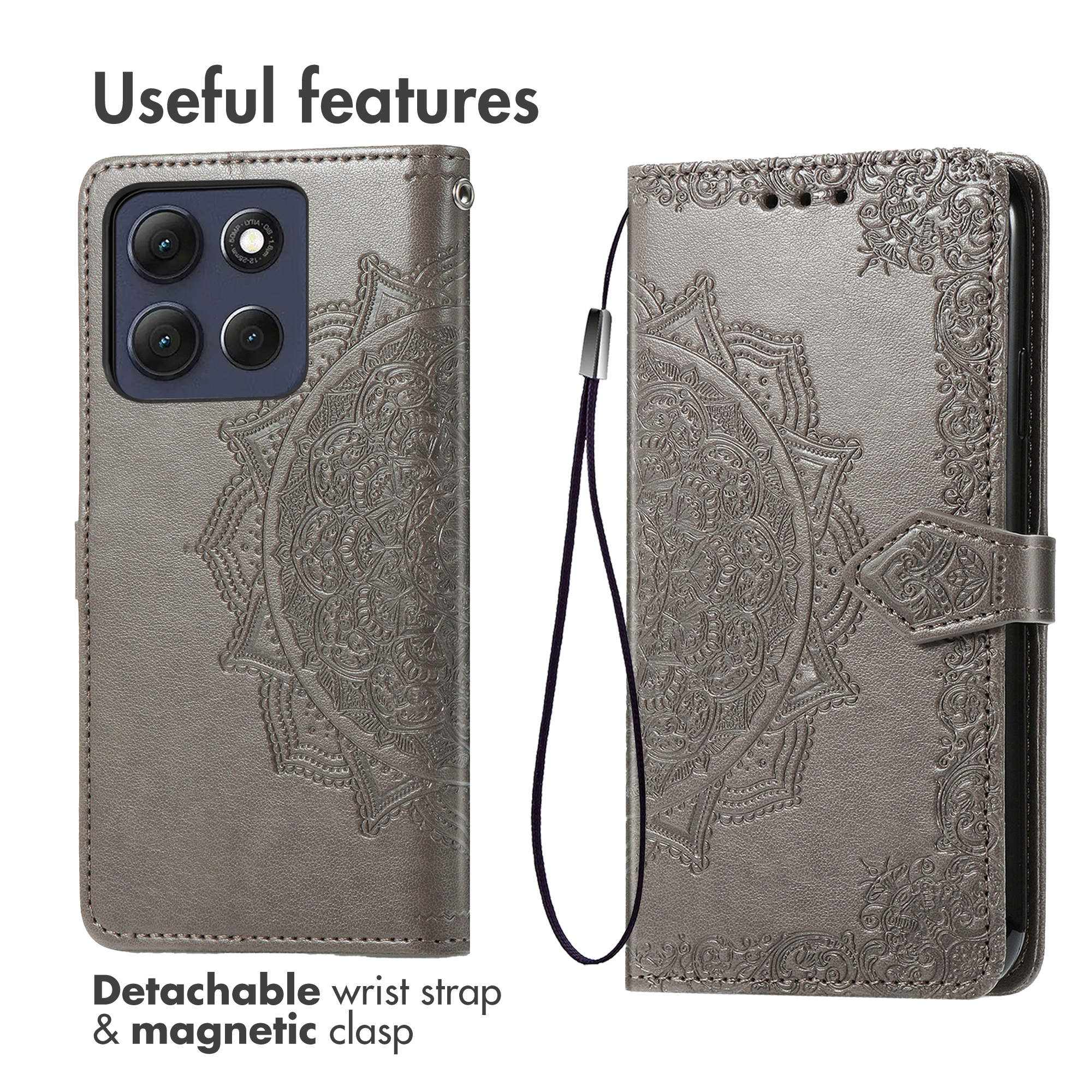 Custodia per telefono grigia con motivo mandala, laccetto e chiusura magnetica.