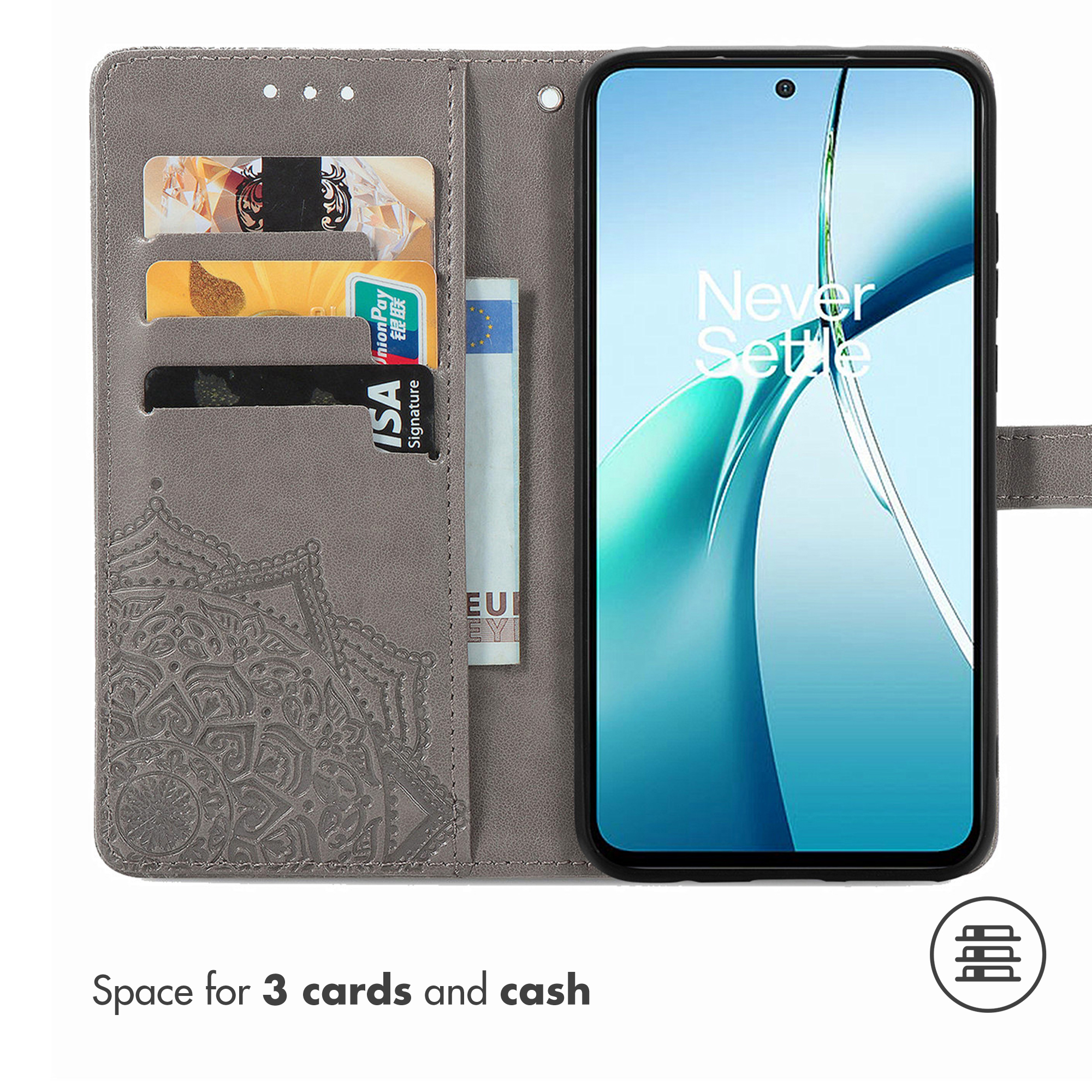 Custodia per telefono grigia con fessure per tre carte e contanti.