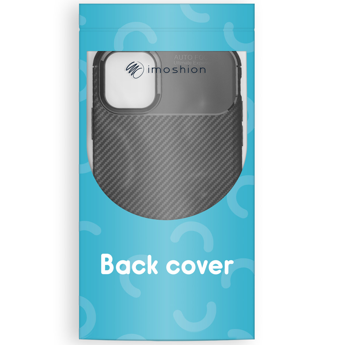 Emballage bleu avec motif et texte Back cover, montrant une coque grise avec découpe pour appareil photo.