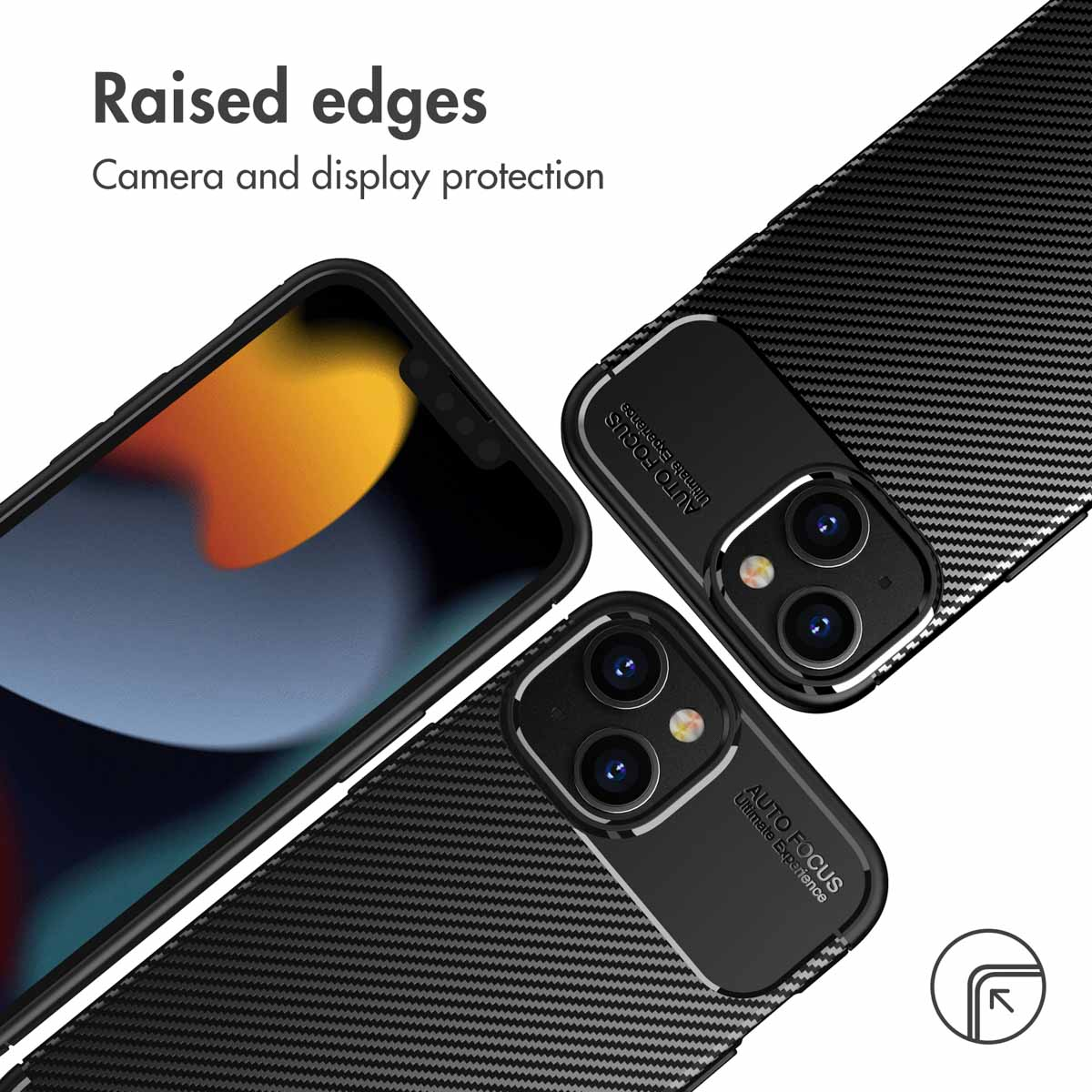 Fundas de carbono negras para teléfonos con bordes elevados para protección de cámara y pantalla.