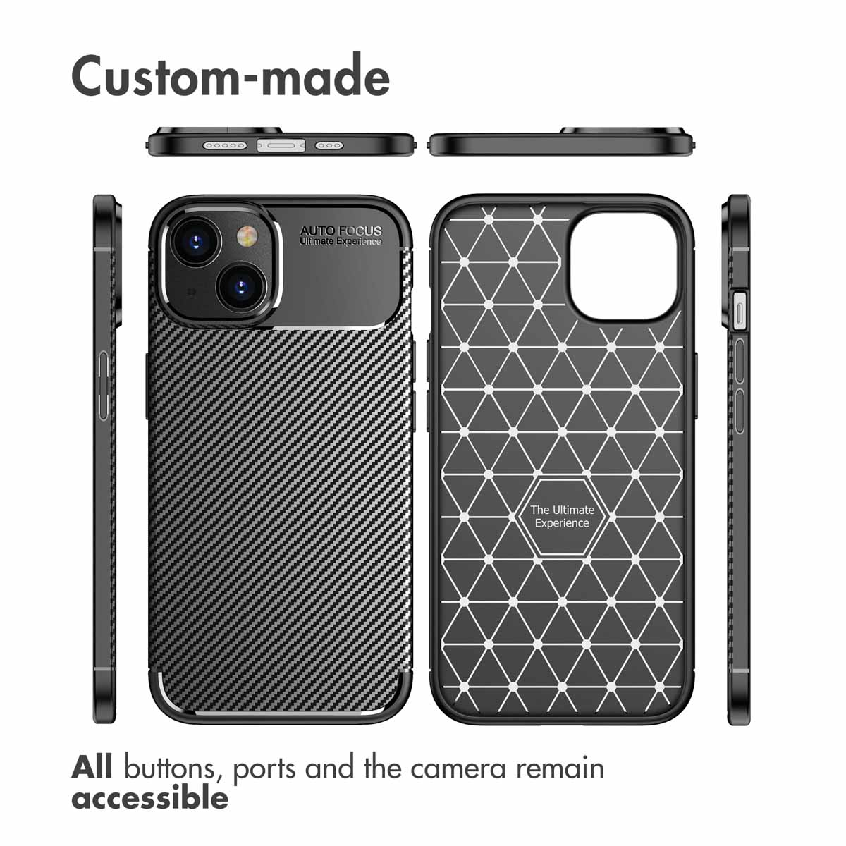 Funda de móvil negra con patrón de carbono y diseño geométrico en un diagrama de múltiples ángulos.