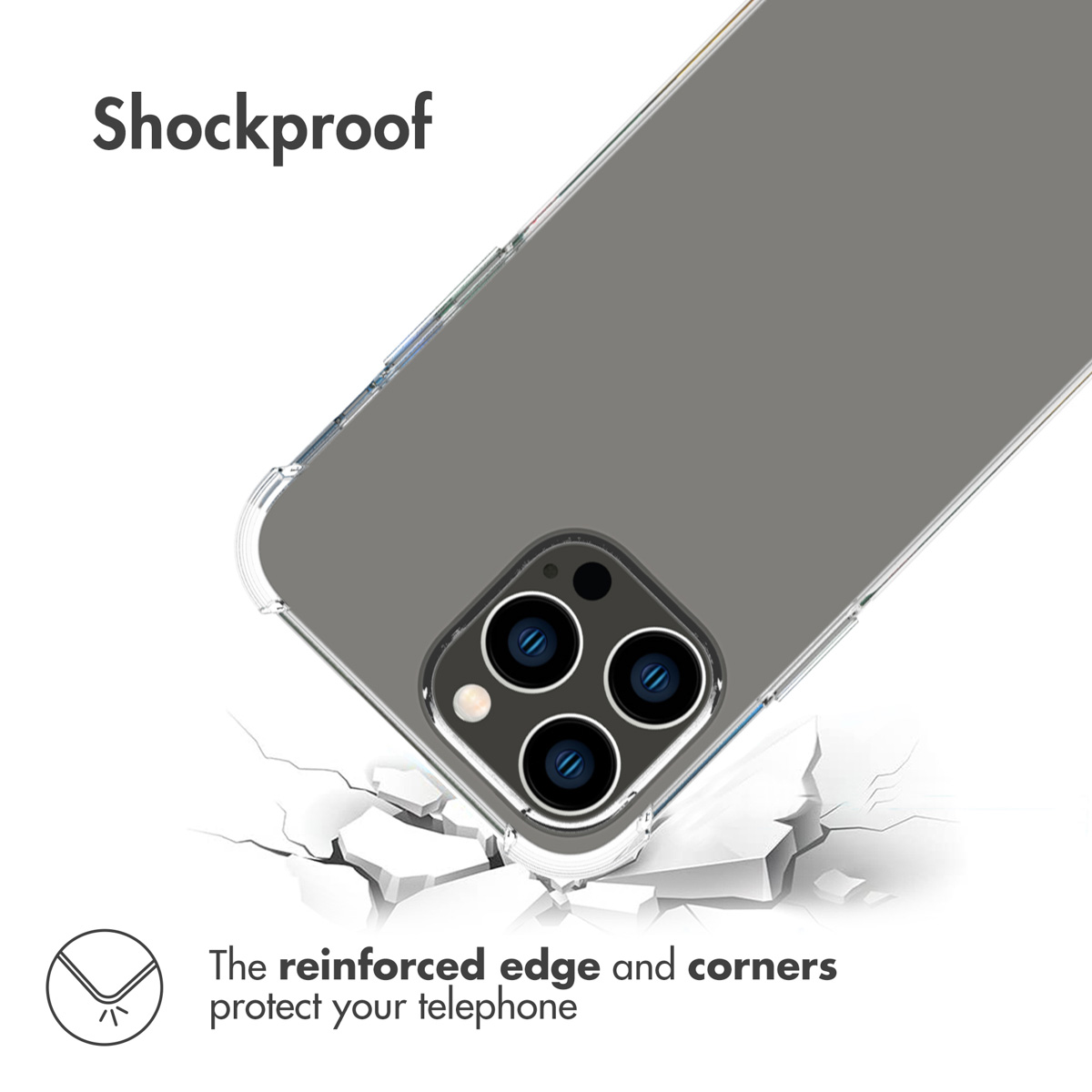 Funda de teléfono a prueba de golpes con esquinas y bordes reforzados sobre fondo agrietado.
