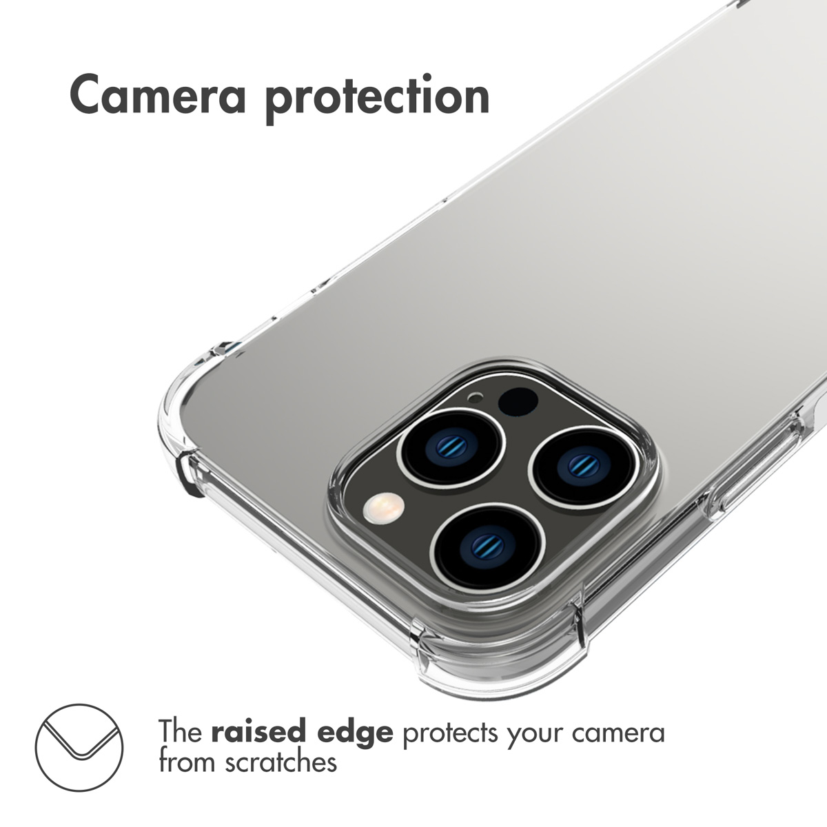 Funda transparente para móvil con borde elevado para proteger la cámara.