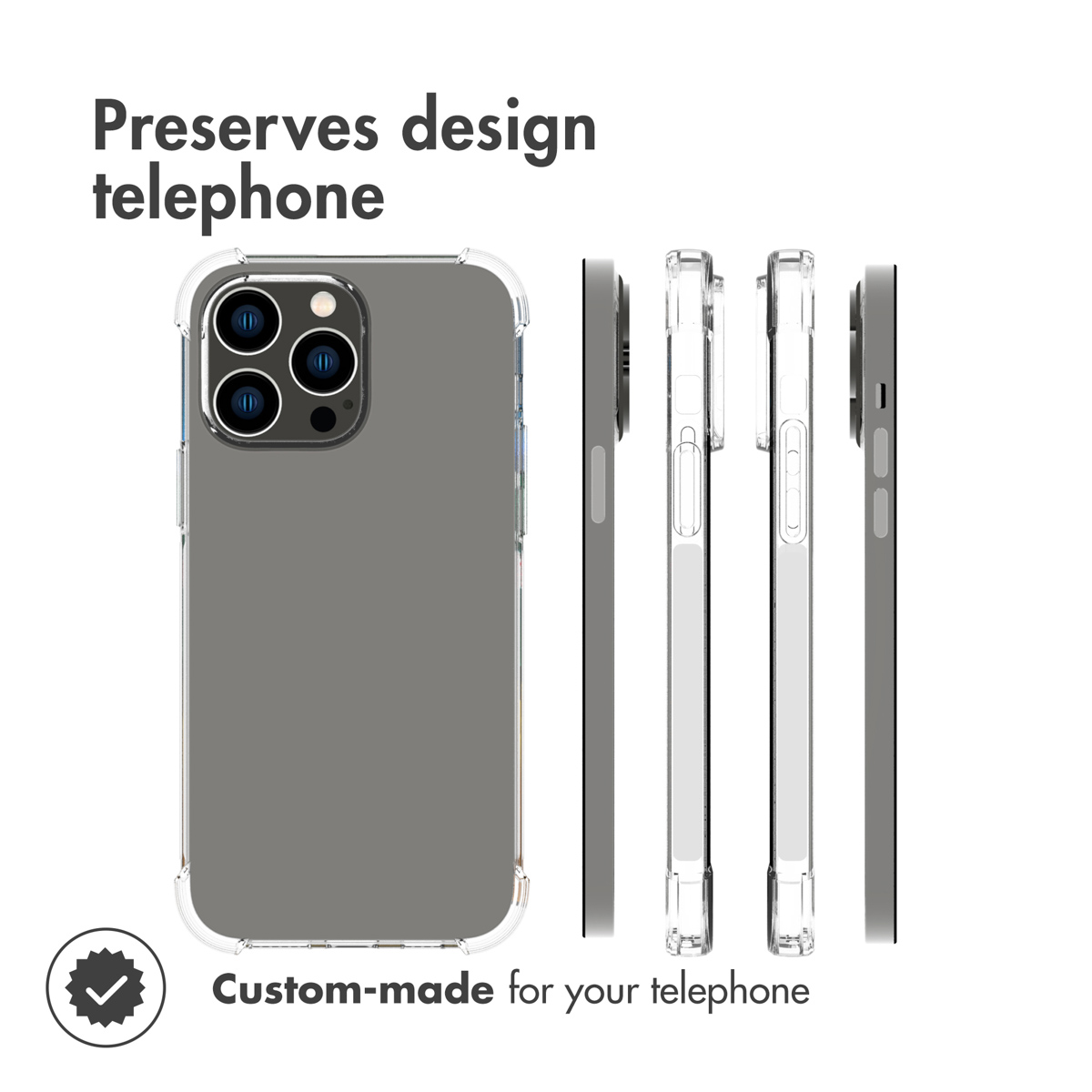 Funda de teléfono transparente mostrada desde cuatro lados con texto.