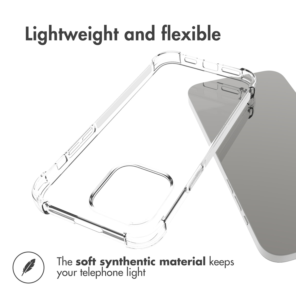 Funda de teléfono transparente con texto y icono de pluma.