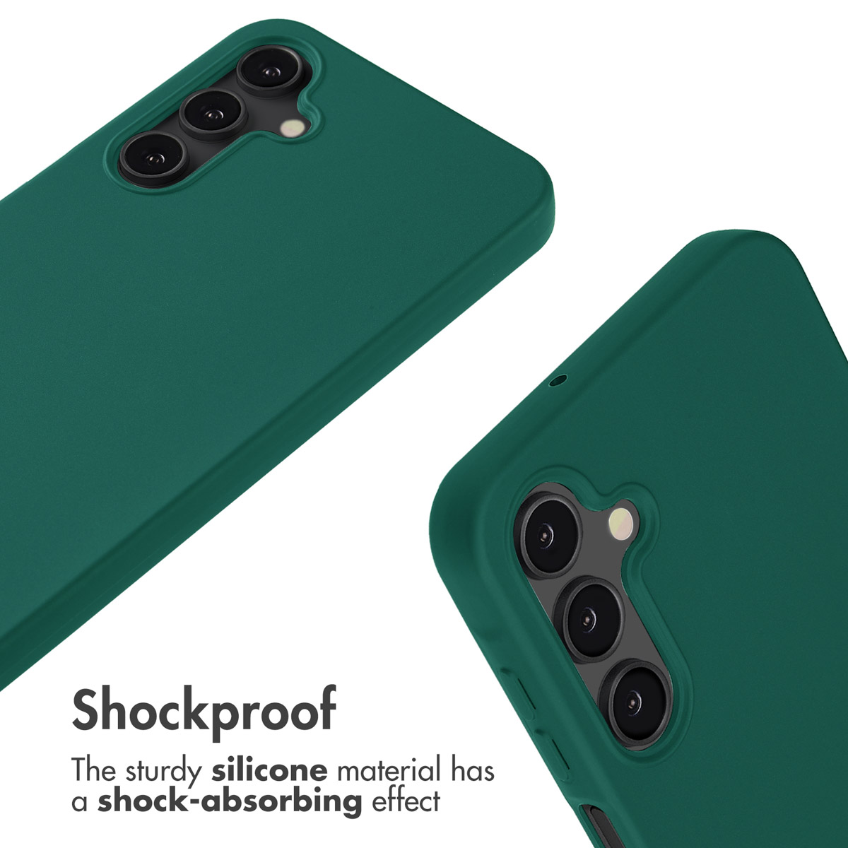 Dos fundas de silicona verde oscuro antichoque desde atrás, destacando los recortes de la cámara y la textura.