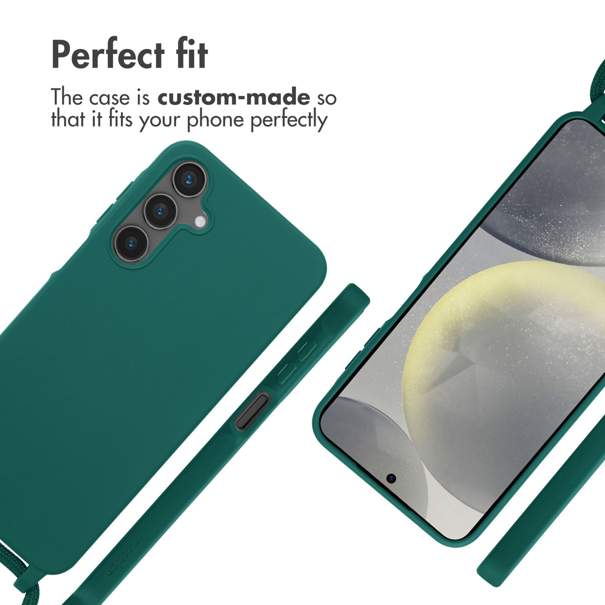 Funda de teléfono verde con ajuste perfecto y cordón, mostrando vistas frontal y trasera.