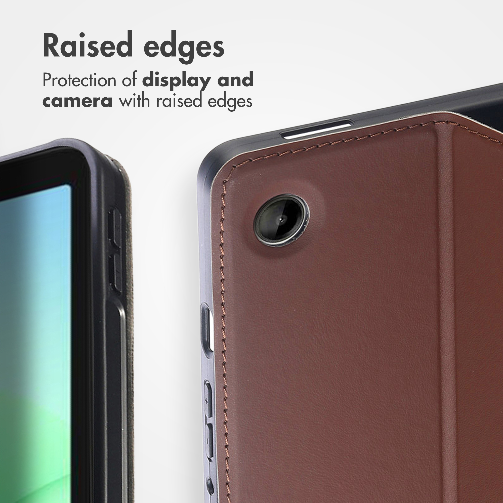 Close-up of a brown tablet case featuring raised edges for display and camera protection.