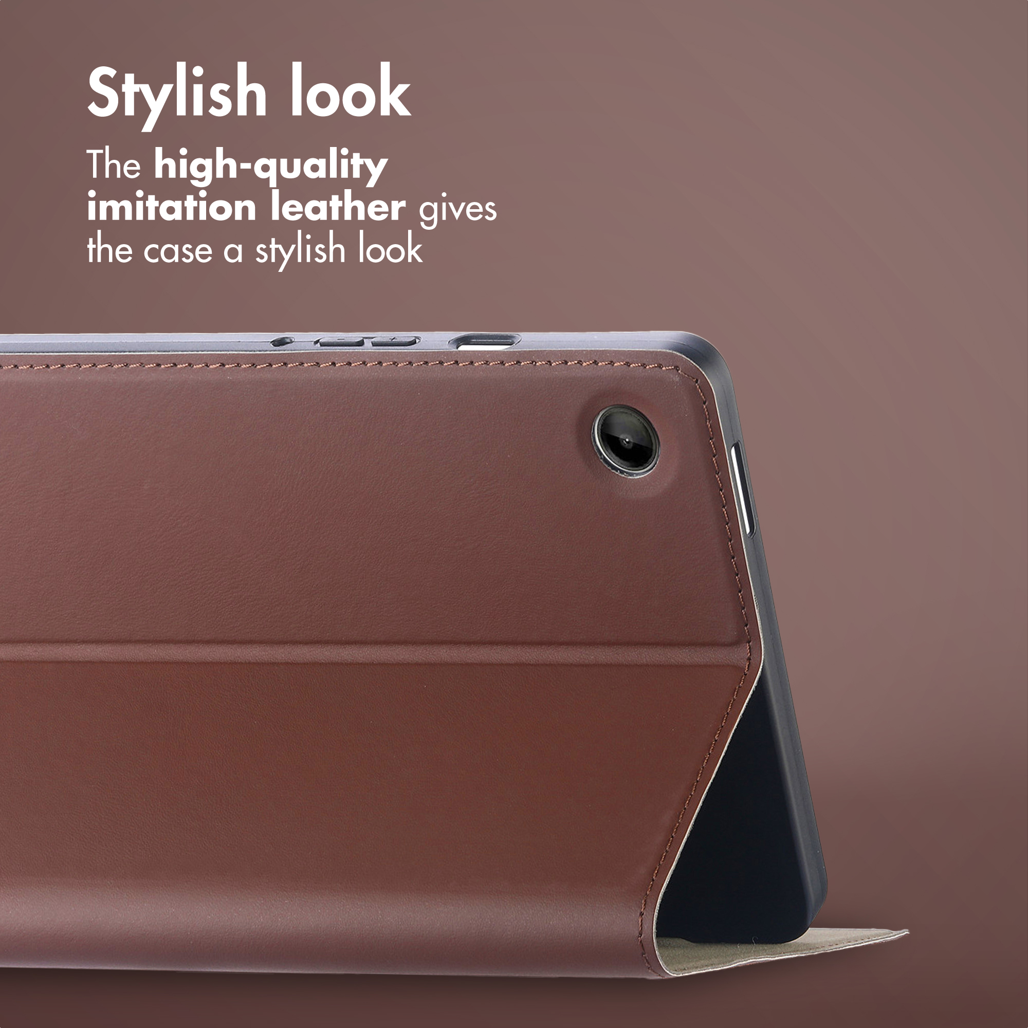 A close-up of a brown imitation leather tablet case with stitching detail, angled against a plain brown background.