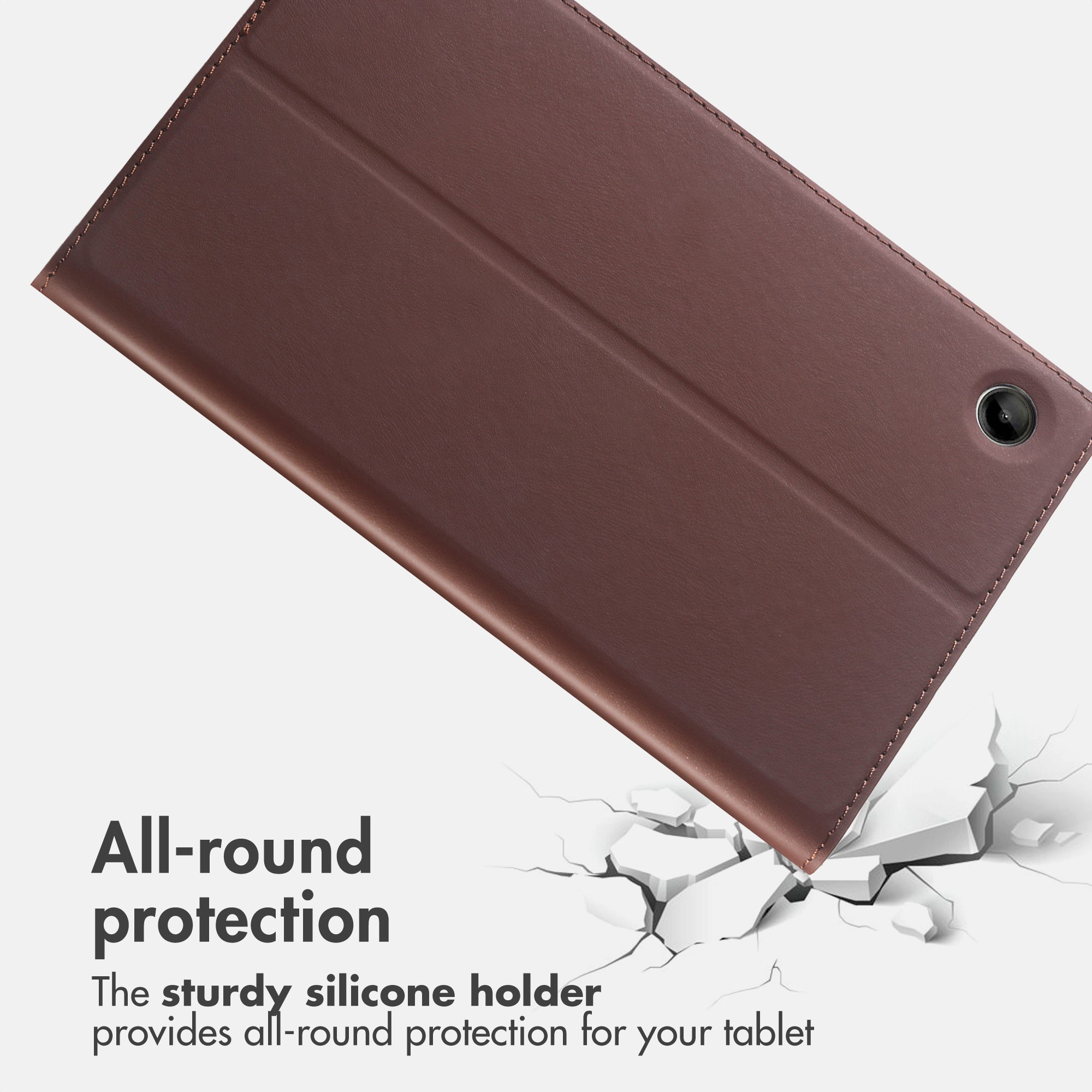 A brown leather tablet case hovers over a cracked white surface with text reading All-round protection.