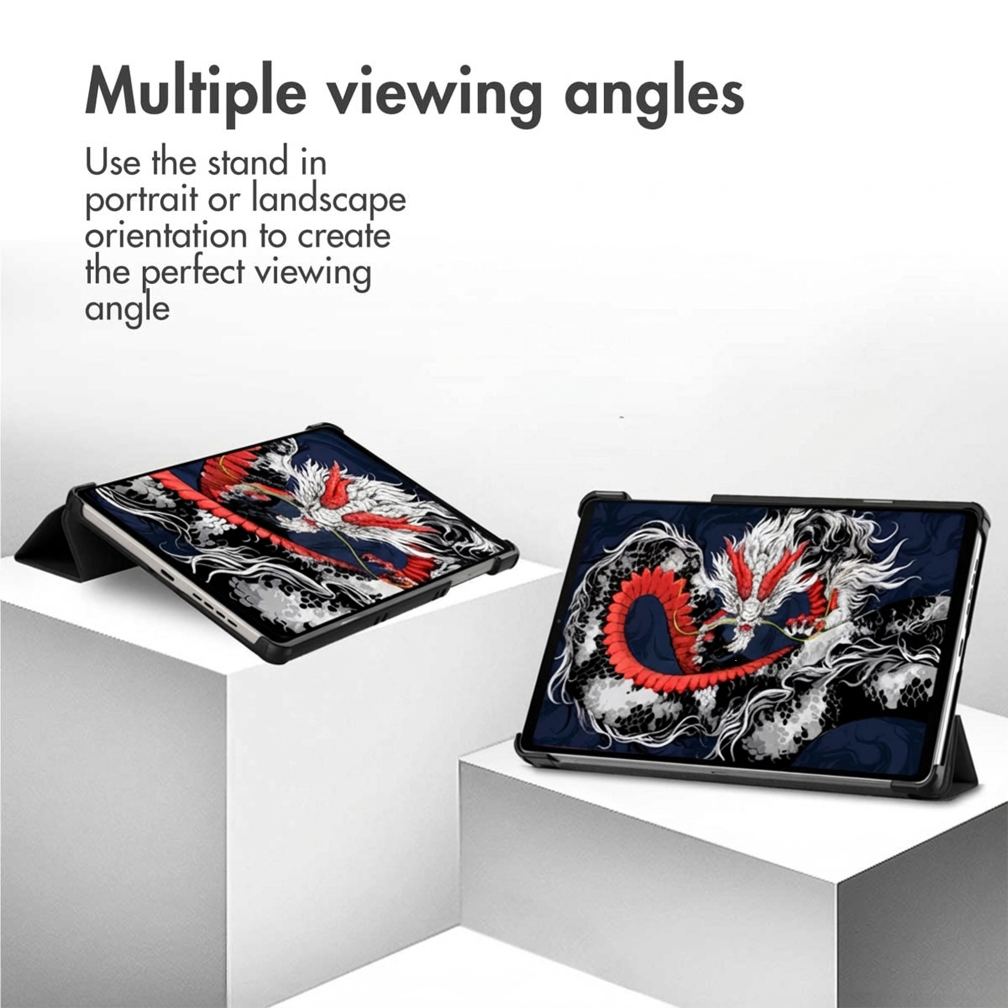Deux tablettes avec des coques dragon sur des supports avec du texte.