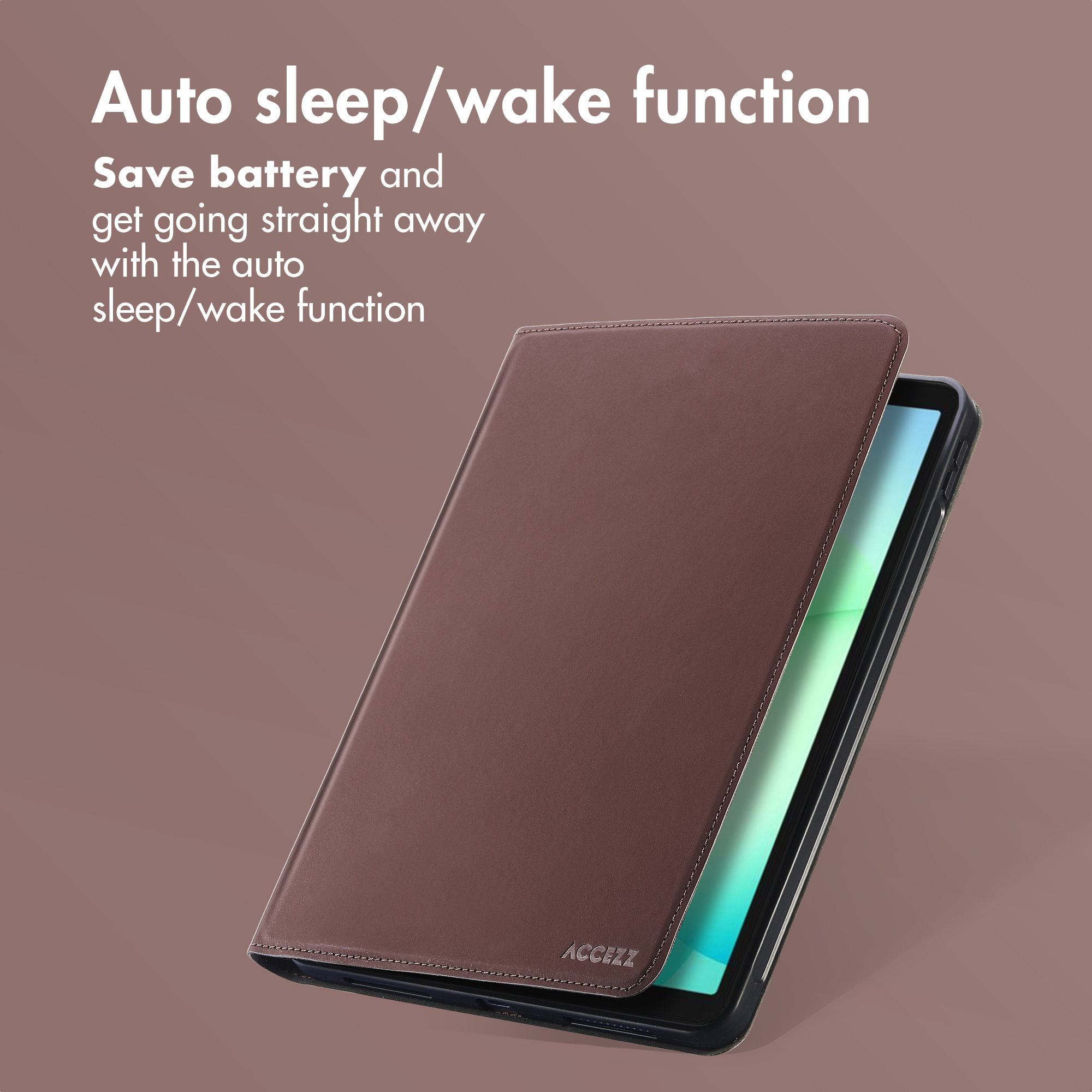 A tablet in a brown leather case against a purple background with text.