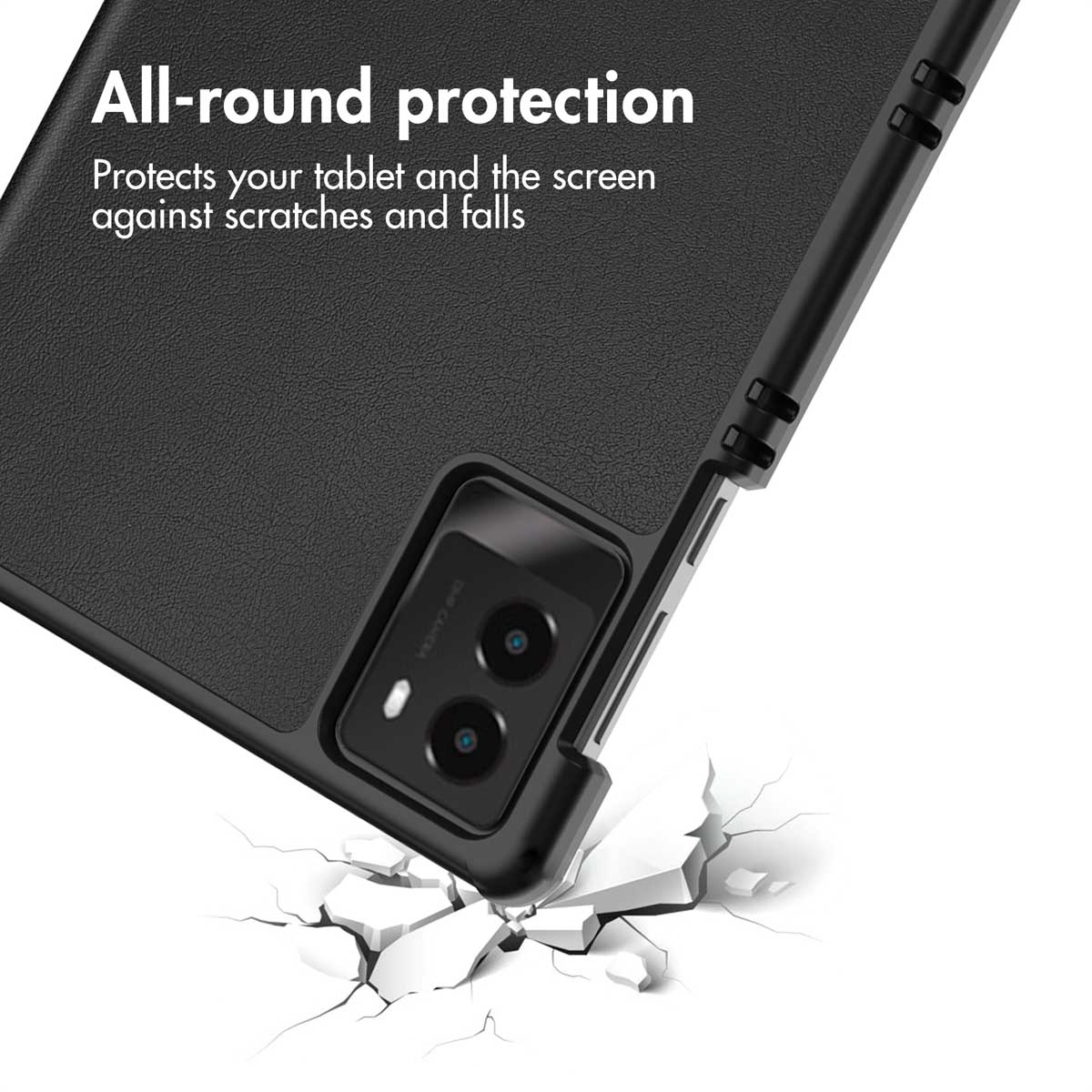 Coque de protection noire avec double caméra sur une surface blanche fissurée, avec le texte All-round protection.