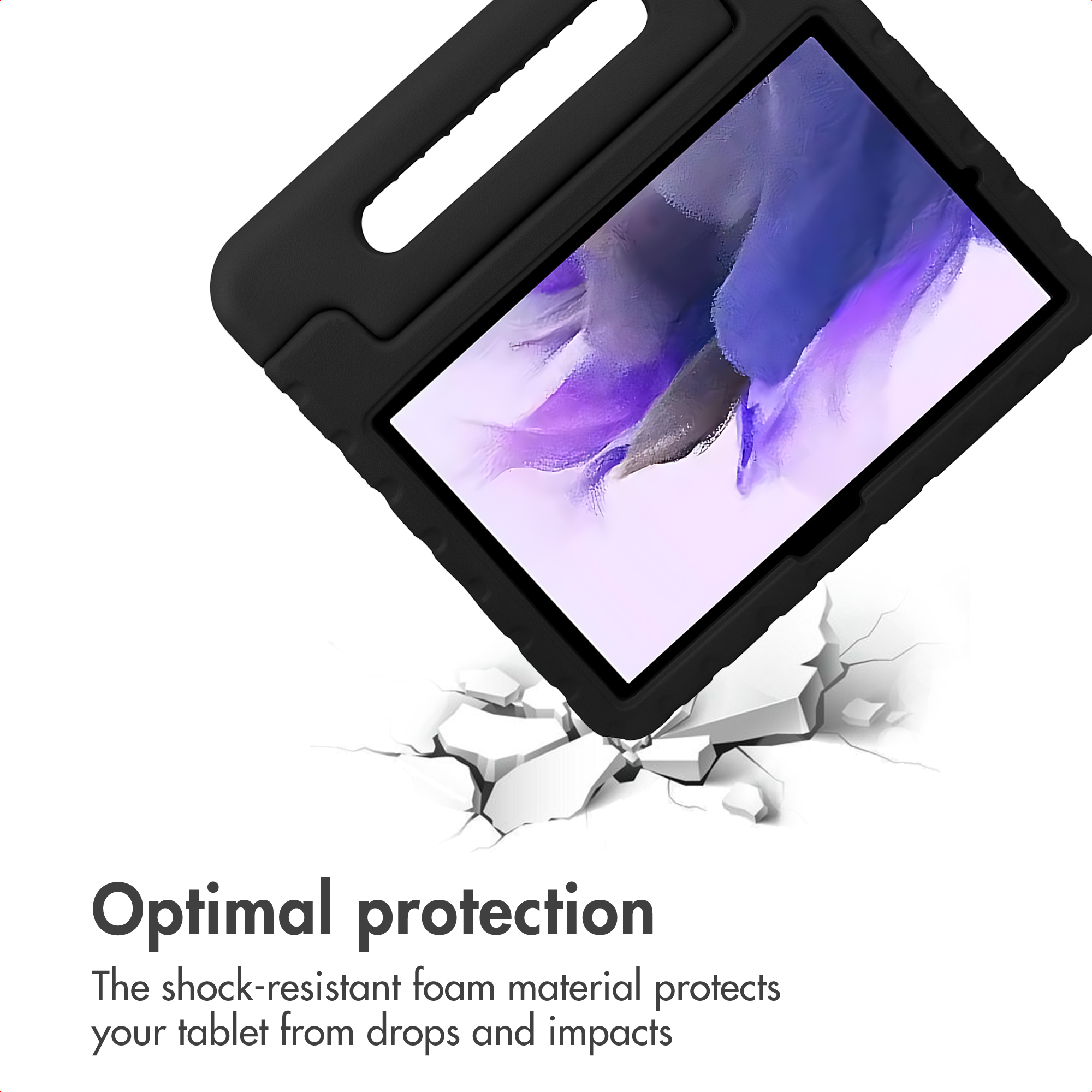A tablet in a black protective case with a handle hovers above a cracked white surface.