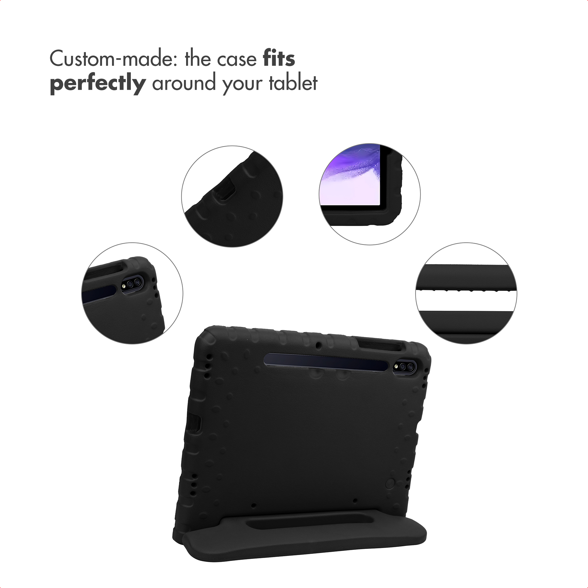 Black protective tablet case with stand and close-up views of buttons and edges.
