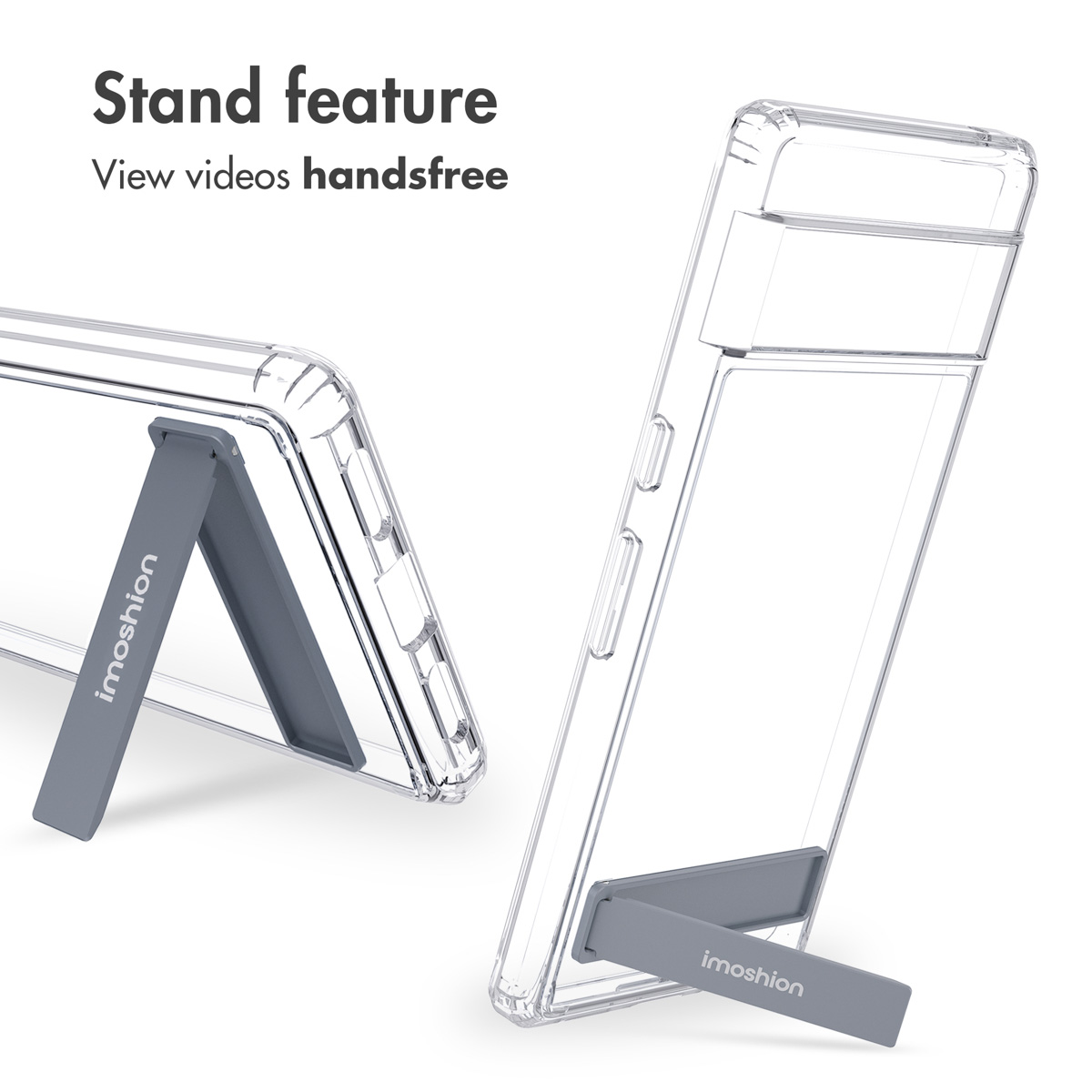 Funda transparente para teléfono con soporte gris integrado para ver vídeos sin manos.