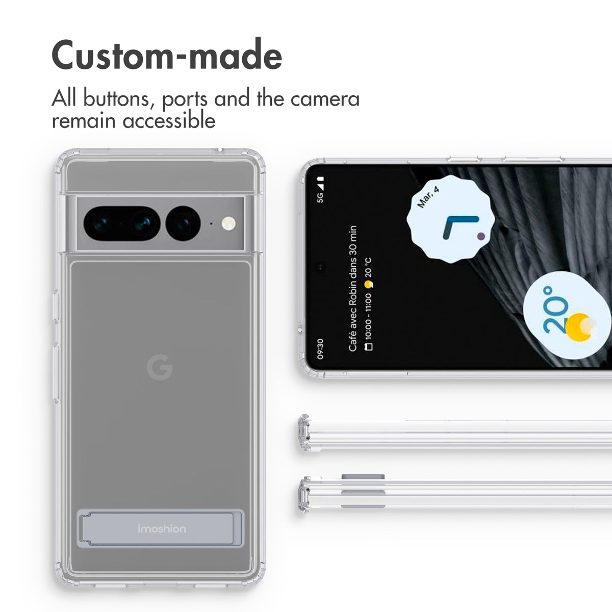 Funda transparente para teléfono desde varios ángulos, destacando el acceso a los botones.