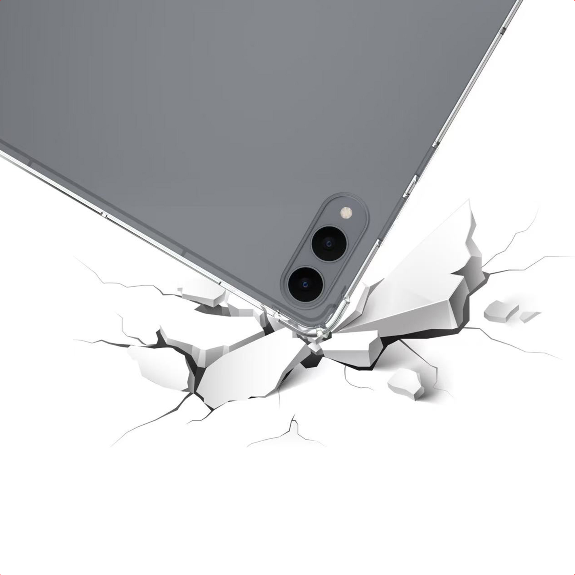 Le dos d'une tablette heurte une surface blanche fracturée avec des fissures.