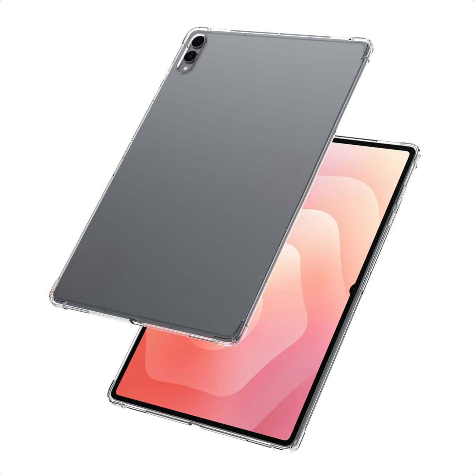 Deux tablettes grises dans des coques transparentes, l'une affichant un écran coloré sur fond blanc.