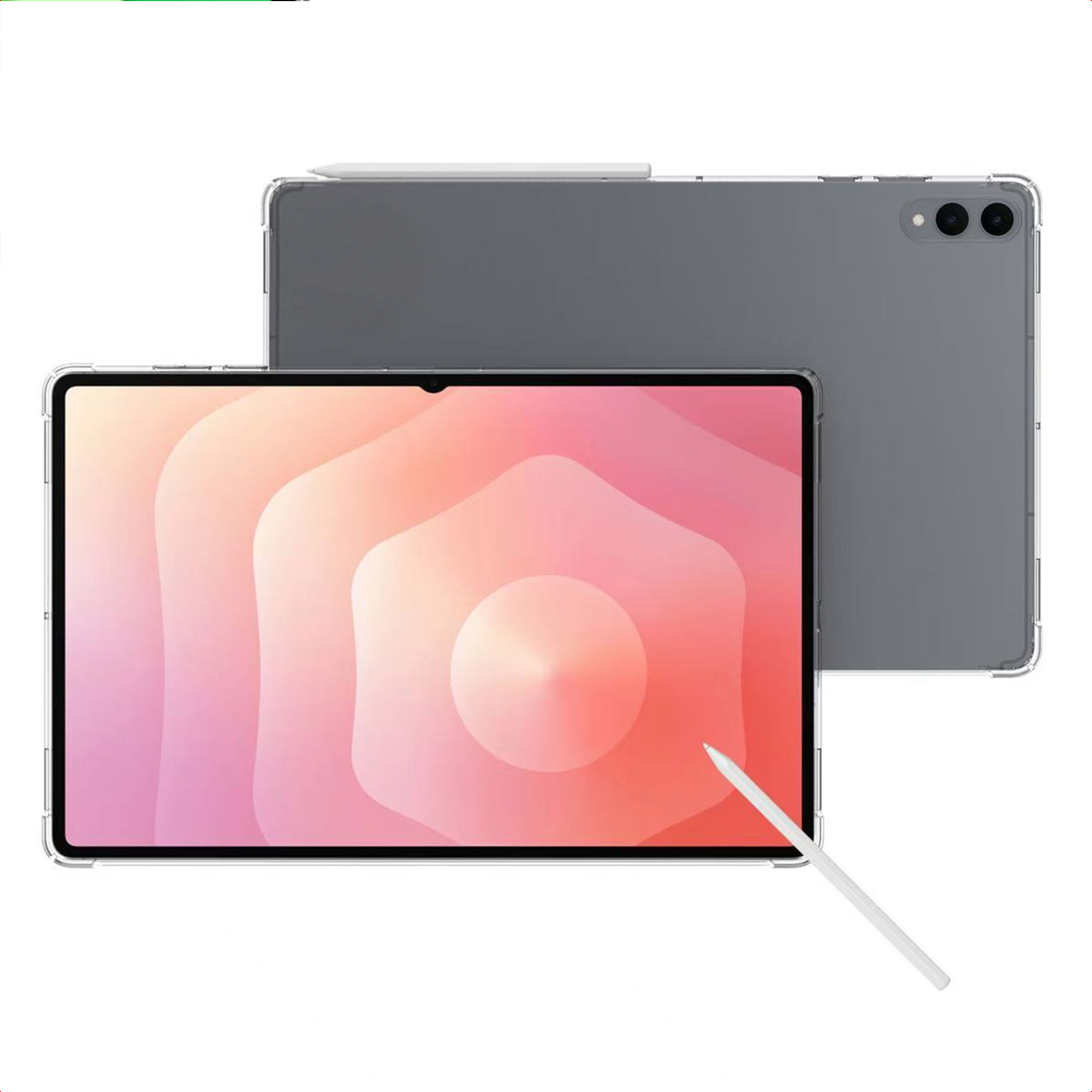 Une tablette grise avec coque transparente, fond d'écran abstrait rose, double caméra et stylet blanc.