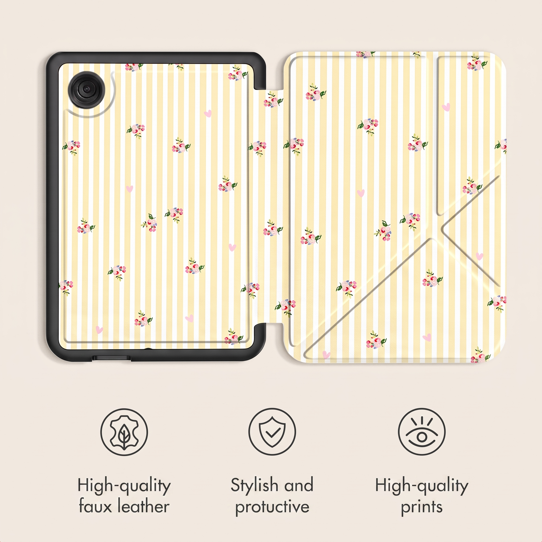 Étui pour tablette à rayures jaunes, fleurs et trois icônes pour le matériau, la protection et l'impression.
