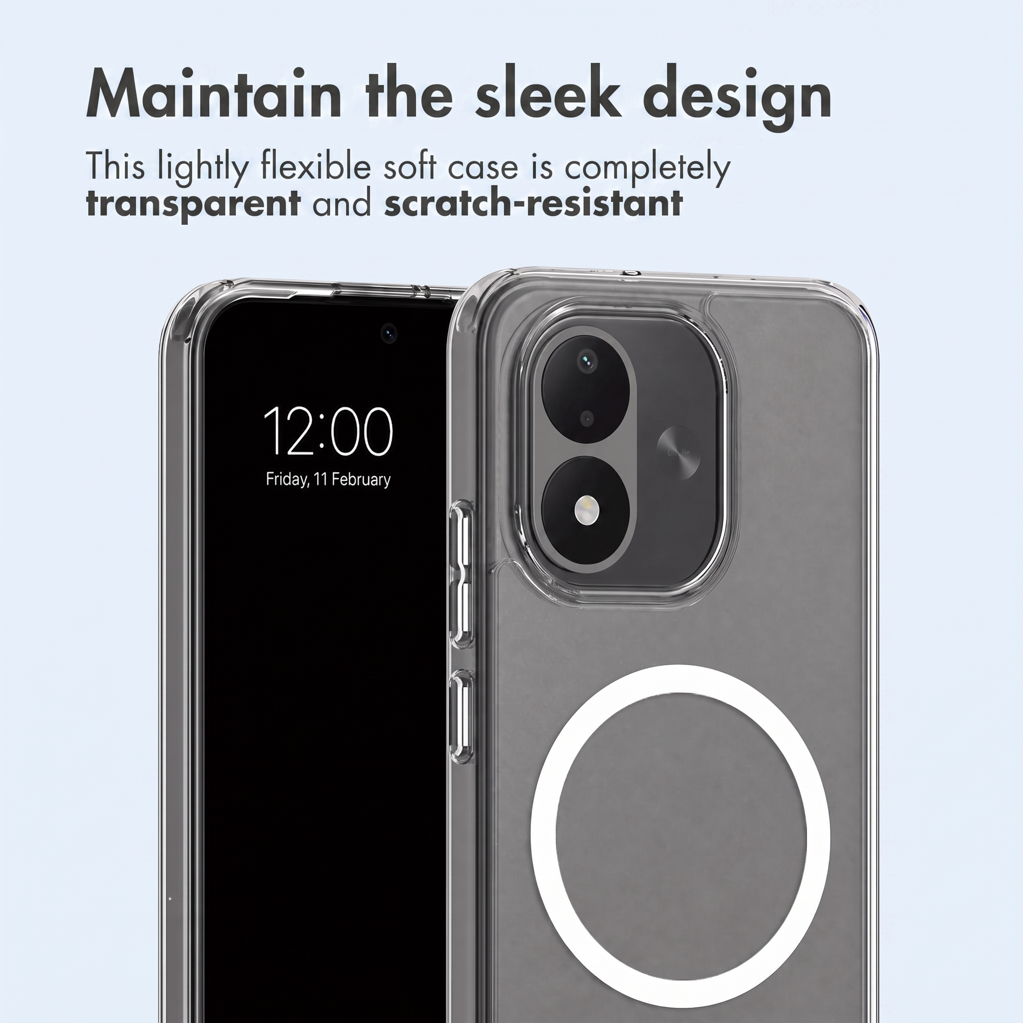 Funda de smartphone transparente con anillo MagSafe y pantalla negra de fondo.
