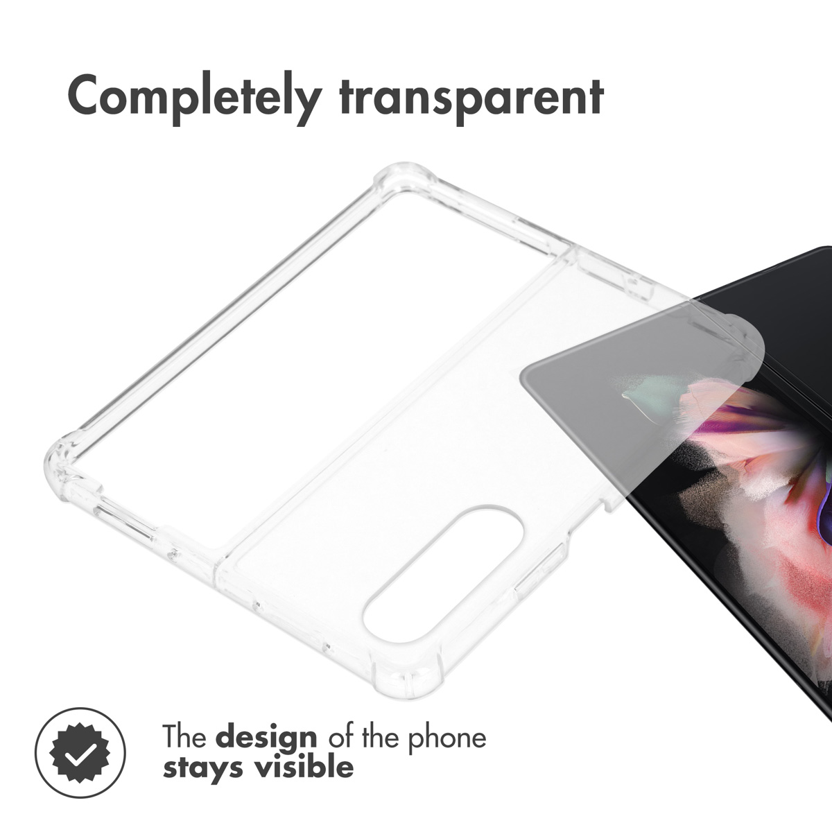 Une coque de protection entièrement transparente repose à côté d'un smartphone.