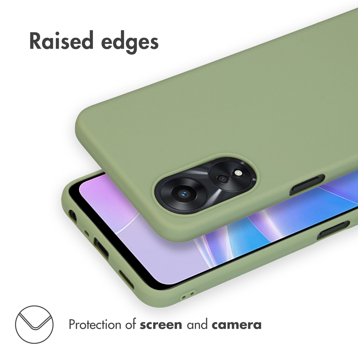 Funda de móvil verde con bordes elevados para proteger la pantalla y la cámara.