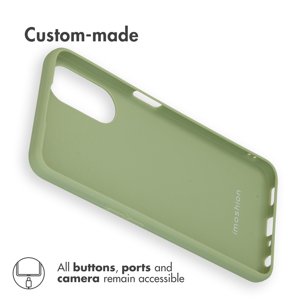 Fundá de silicona verde con aberturas para botones, cámara y puertos, con el logotipo imoshion.
