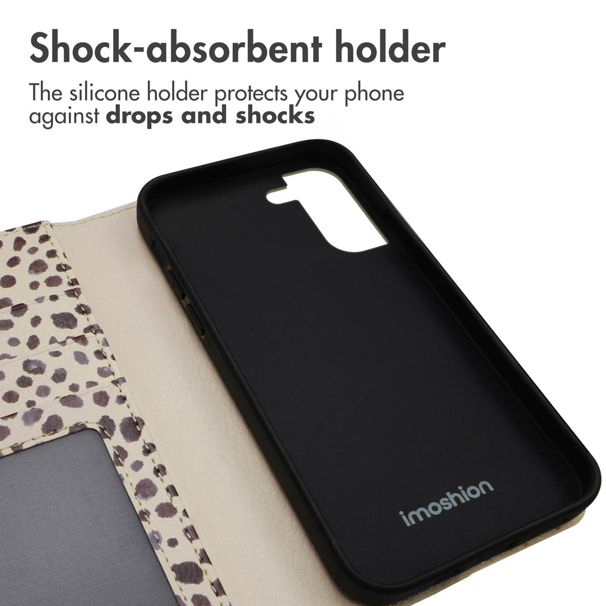 Un étui de téléphone ouvert à motif léopard avec des fentes et un support noir.