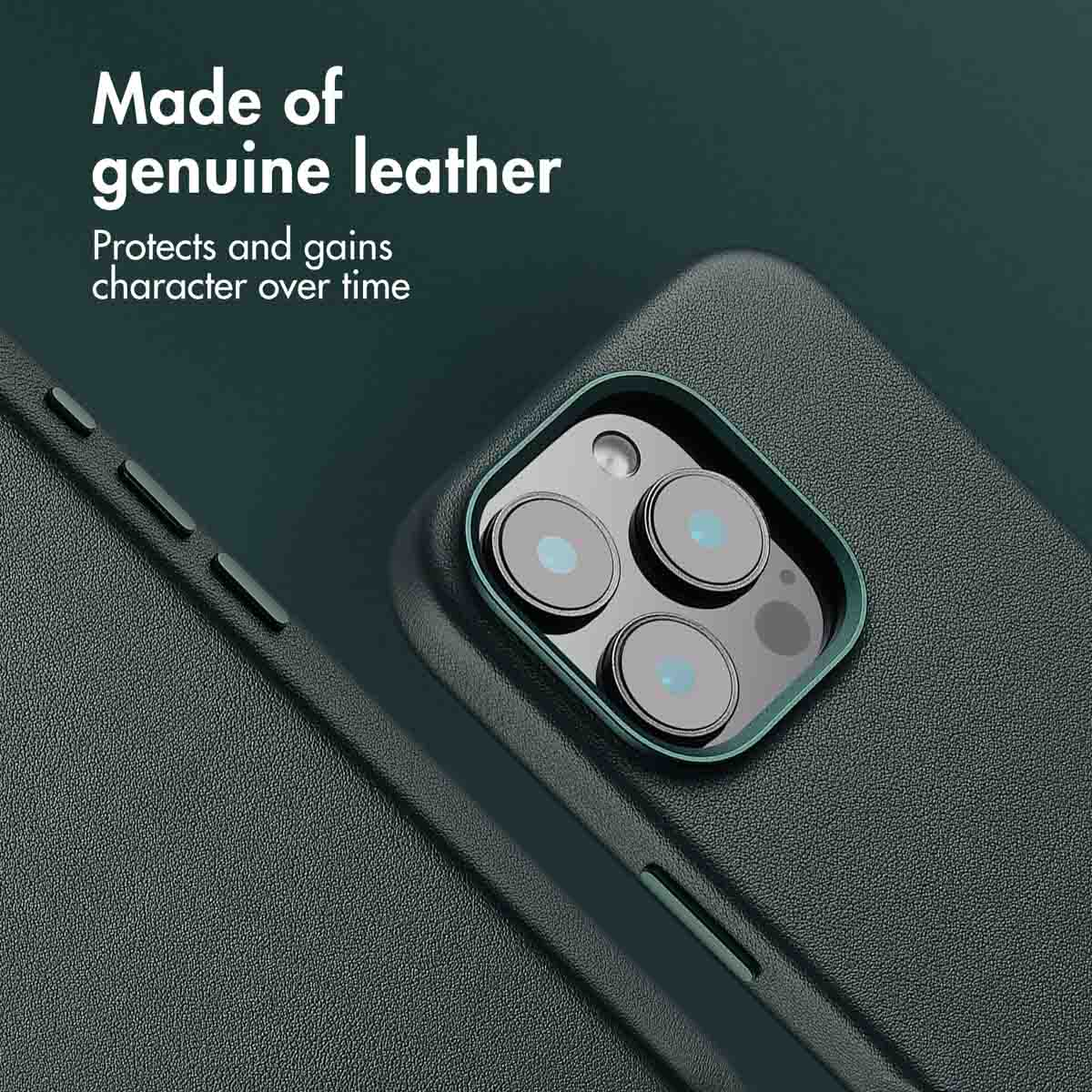Coque de smartphone en cuir vert foncé avec découpe pour appareil photo et texte Made of genuine leather.