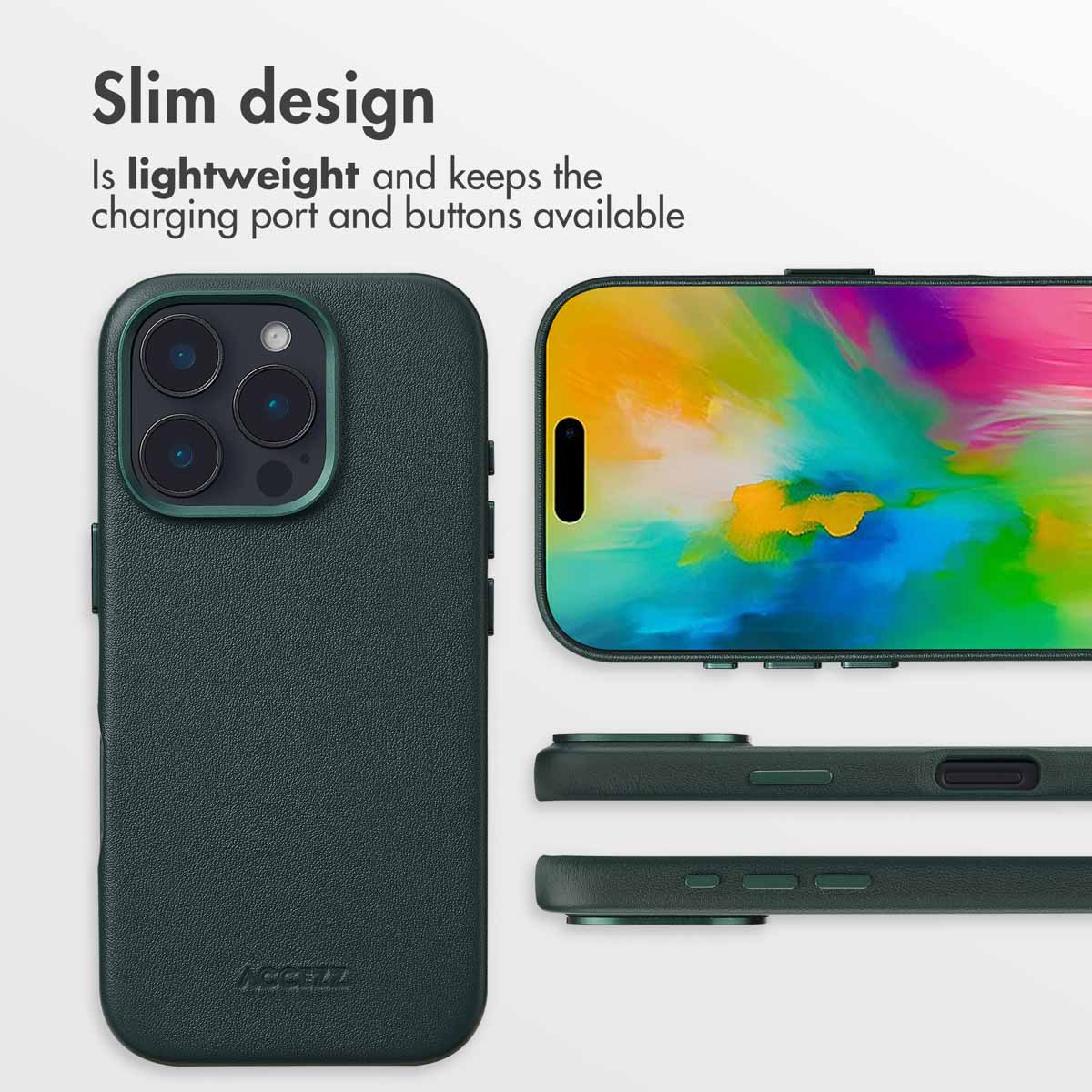 Coque de smartphone vert foncé montrant l'arrière, l'écran avant et les boutons latéraux.