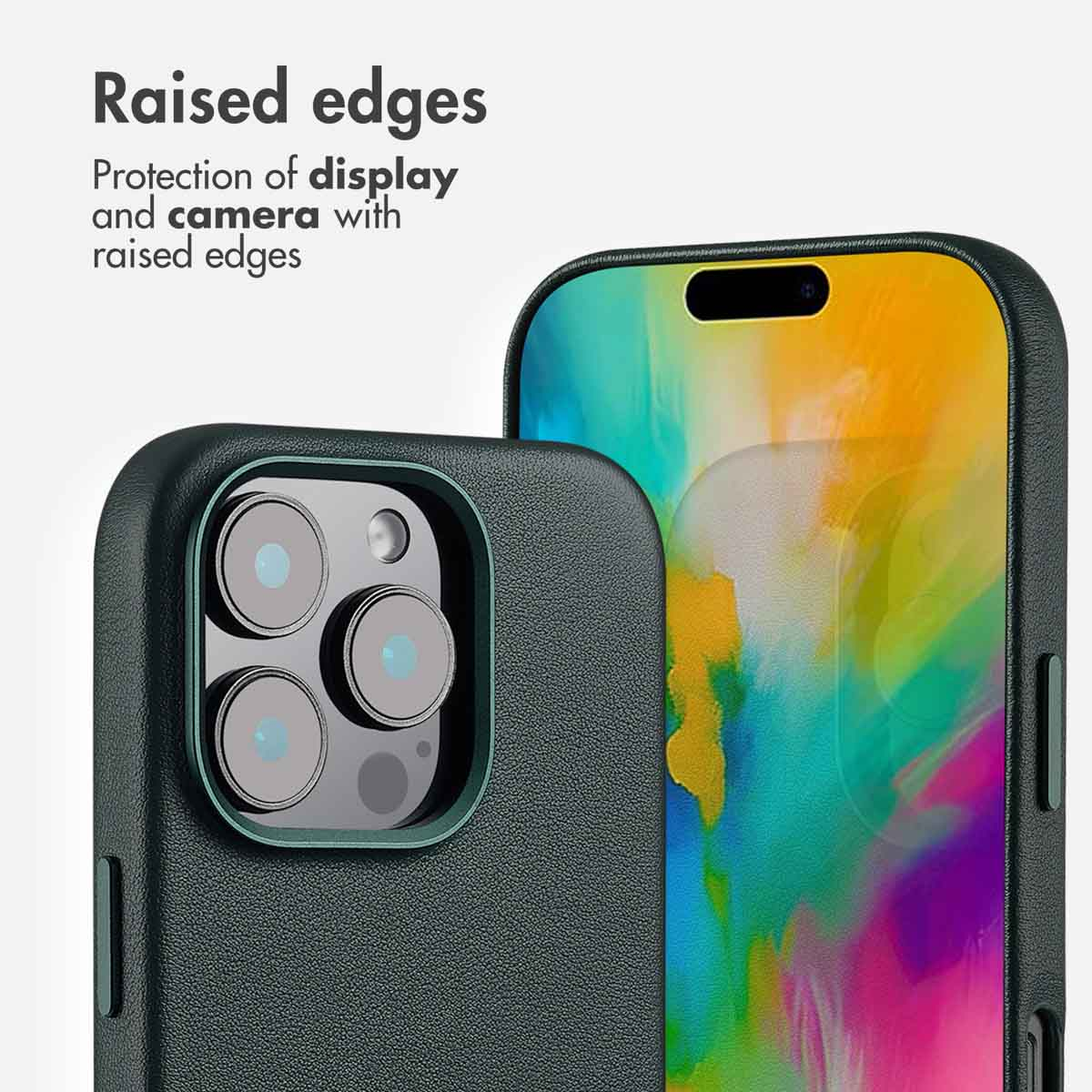 Gros plan d'une coque de smartphone montrant des bords surélevés pour protéger l'appareil photo et l'écran.