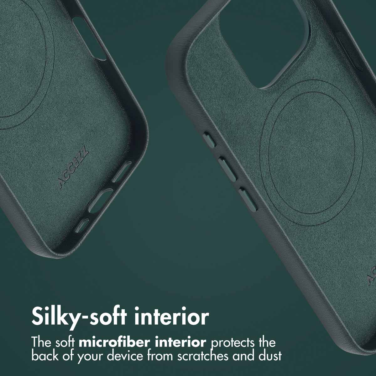 Deux coques de téléphone vert foncé montrant l'intérieur en microfibre douce et les boutons sur fond vert.