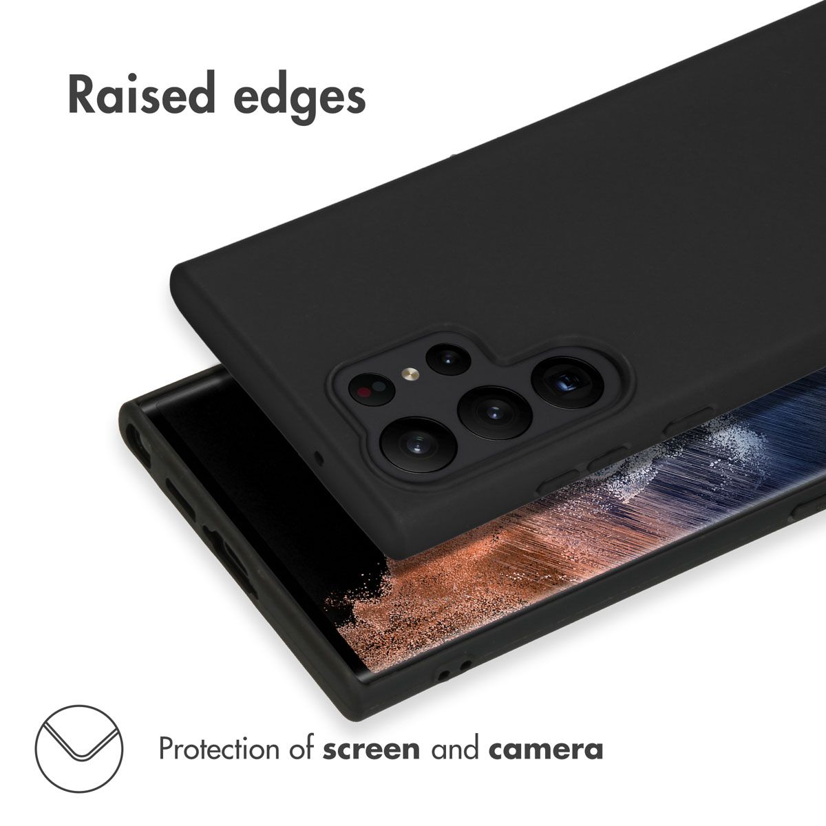 Coque de téléphone noire avec bords surélevés pour protéger l'écran et l'appareil photo.