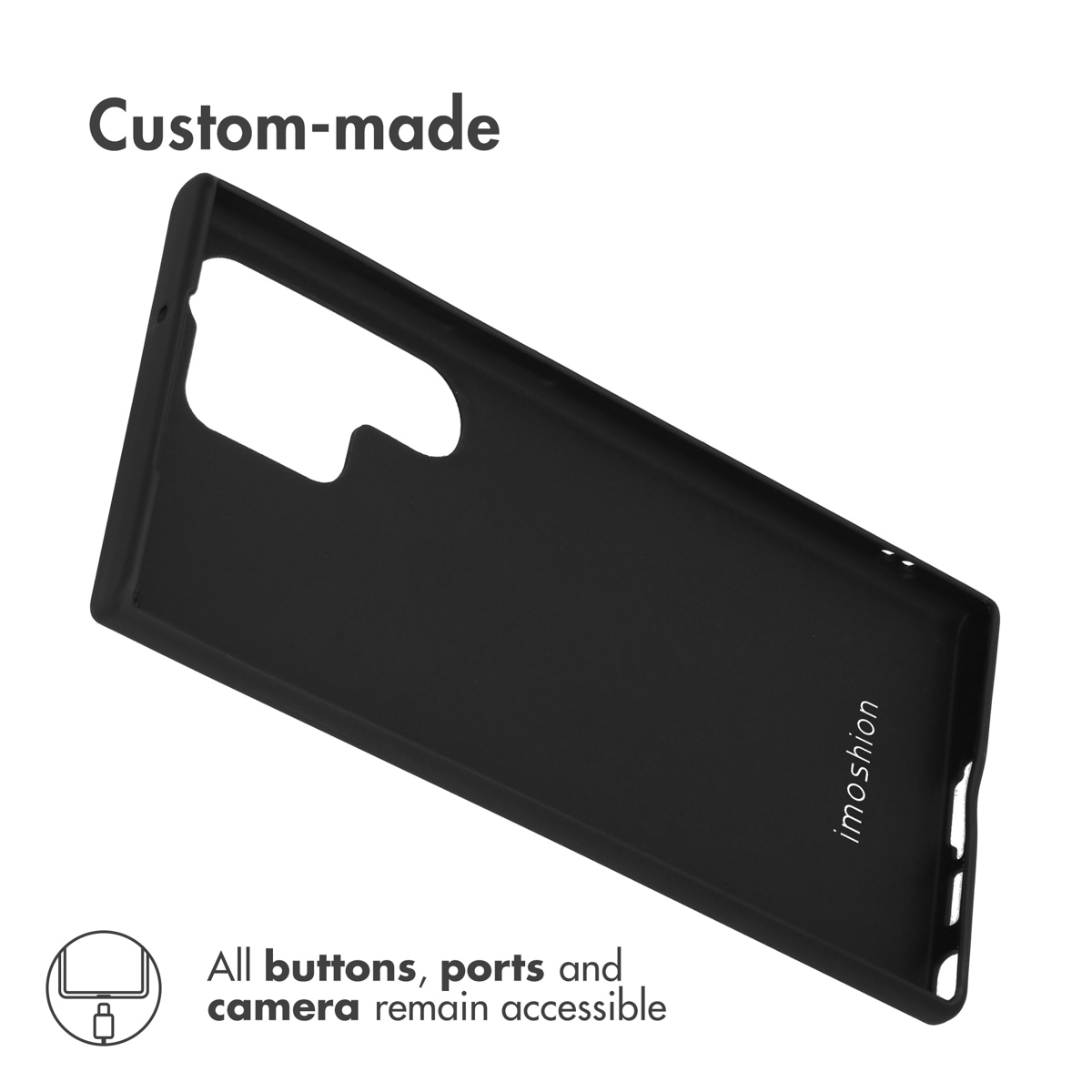 Coque de protection noire sur mesure avec logo imhoshion sur fond blanc.