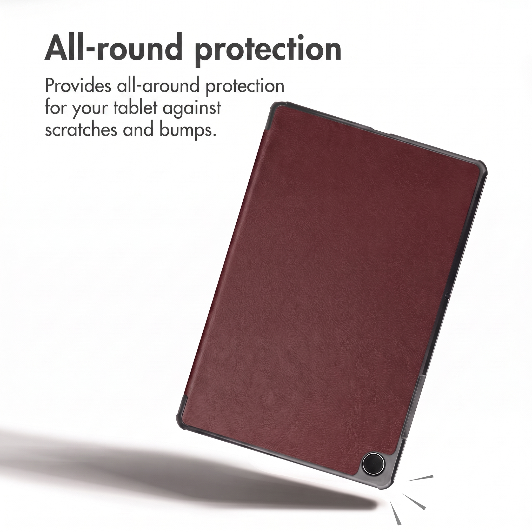 Dark red tablet case providing protection against scratches and bumps.