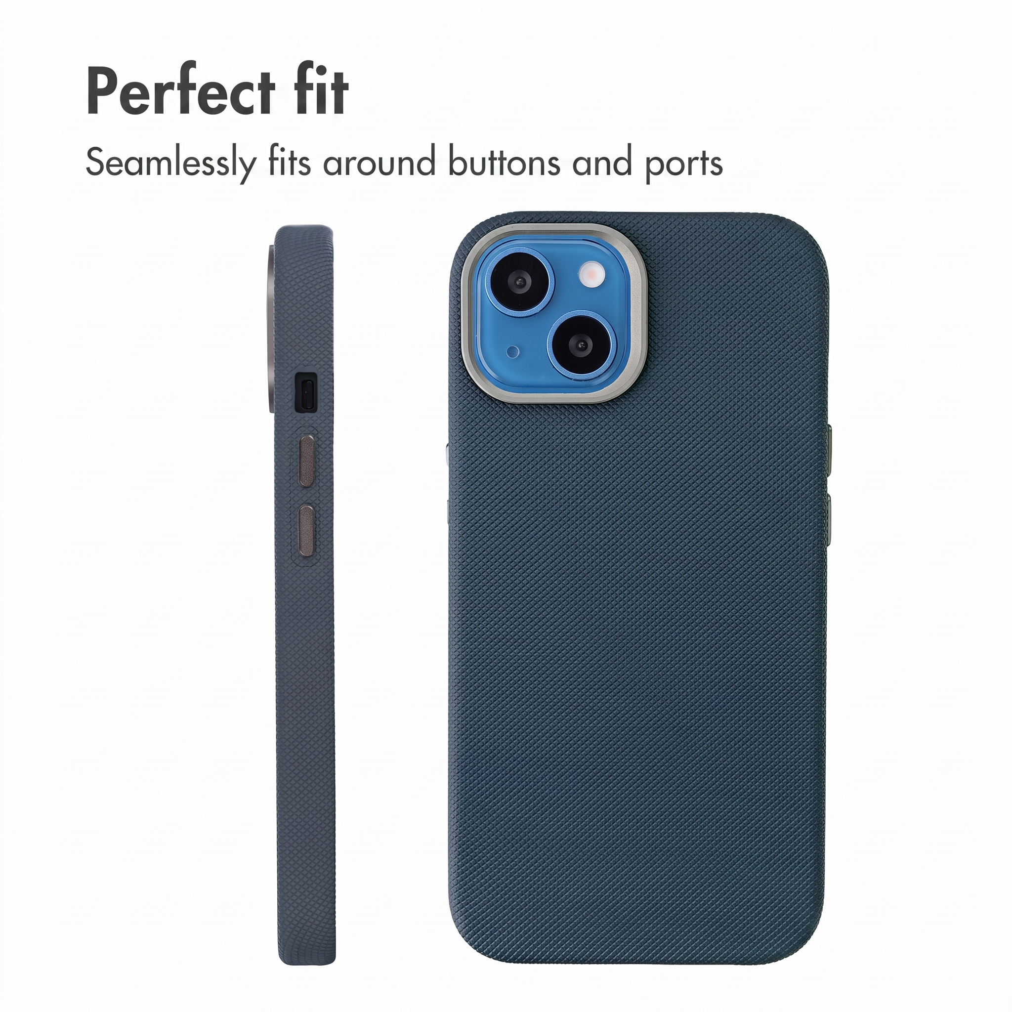 Una cover per telefono blu testurizzata, mostrata da dietro e di lato, con aperture.