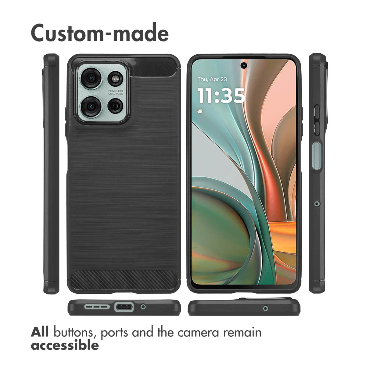 Múltiples vistas de una funda de smartphone negra que muestra el acceso a botones y puertos.