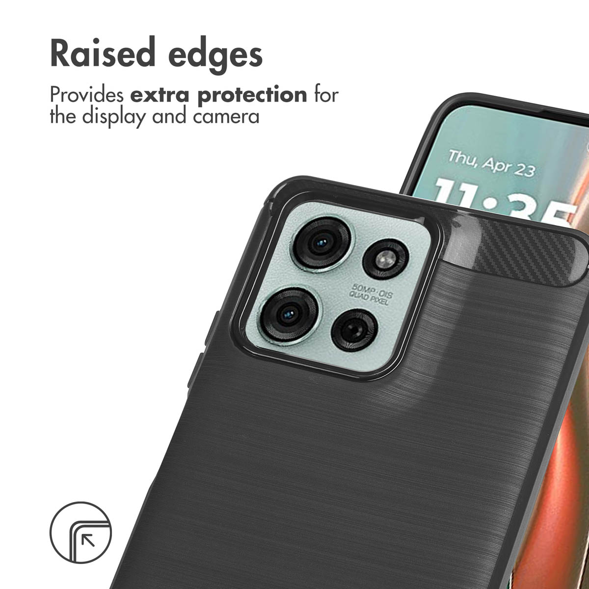 Funda de móvil negra con trasera texturizada y bordes elevados para proteger la pantalla y la cámara.