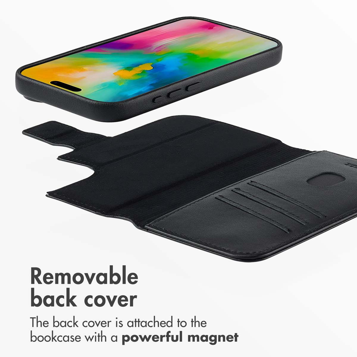 Schwarze Handy-Brieftasche mit abnehmbarer Rückseite auf weißem Hintergrund.