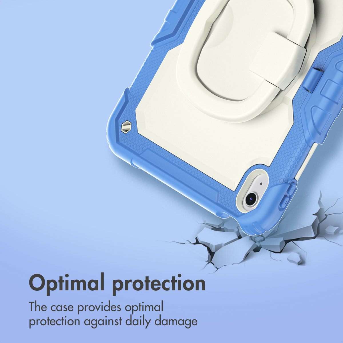 Coque de protection bleue et blanche pour tablette avec support intégré sur fond bleu.