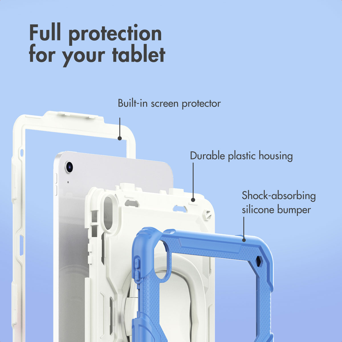 Vue éclatée d'un étui pour tablette avec protecteur d'écran intégré, coque en plastique et pare-chocs.