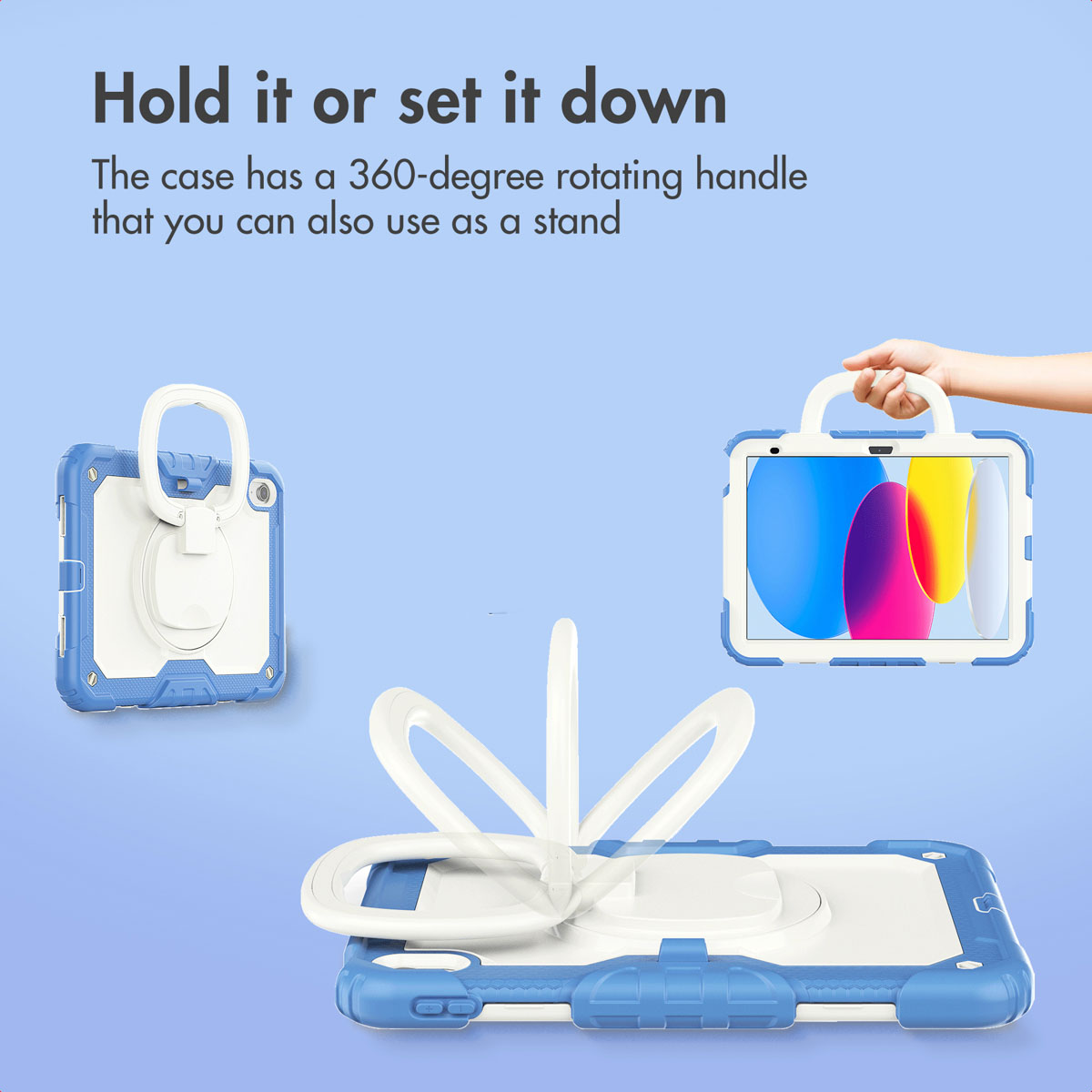 Tablette dans une coque de protection bleue avec poignée pivotante à 360 degrés et support.