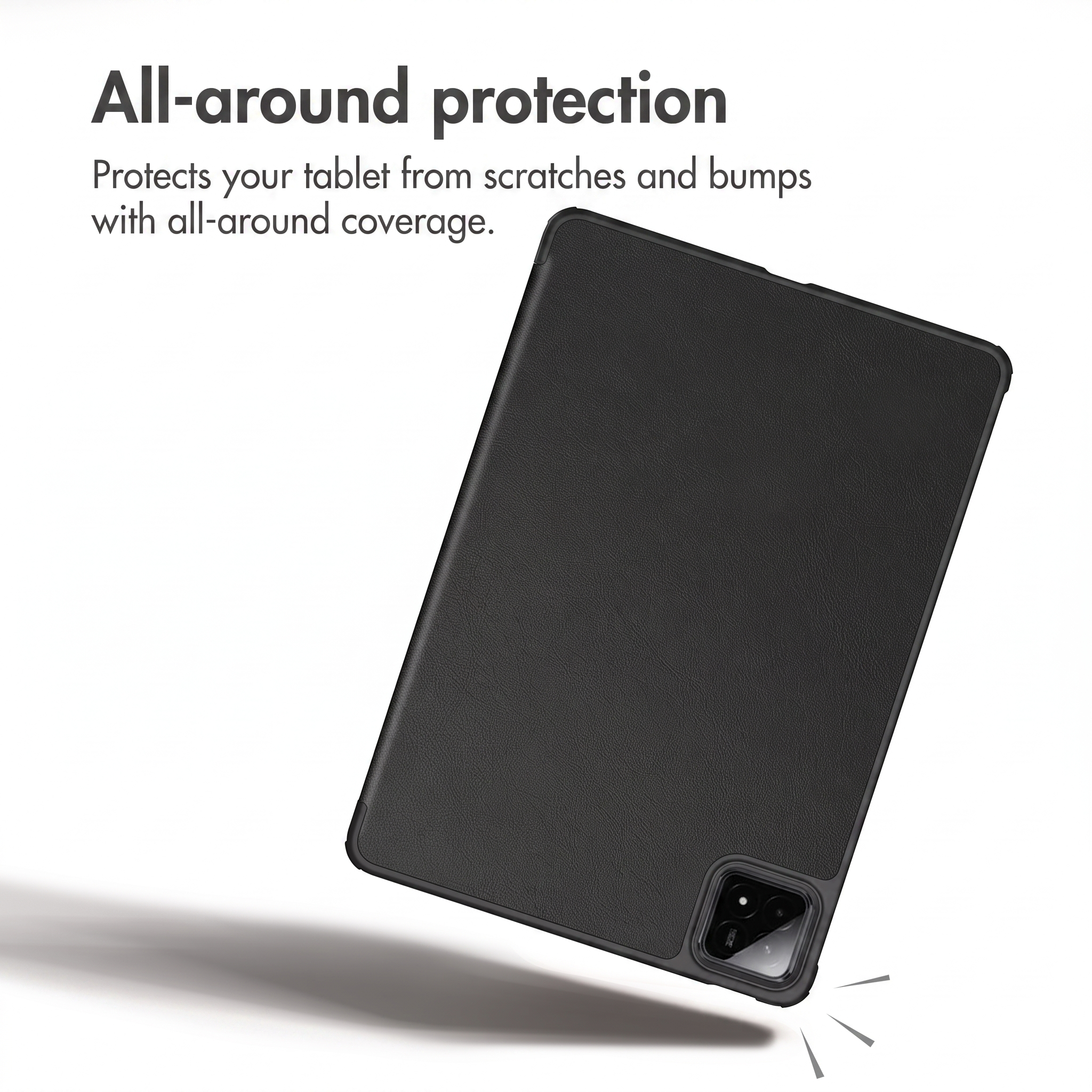 A black tablet in a protective case, with text above.