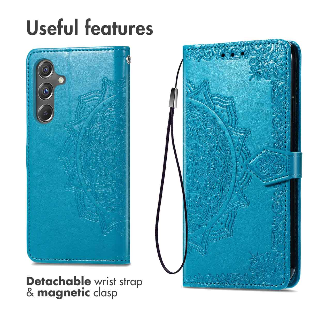 Funda azul para móvil con relieve de mandala, correa de muñeca y cierre magnético.