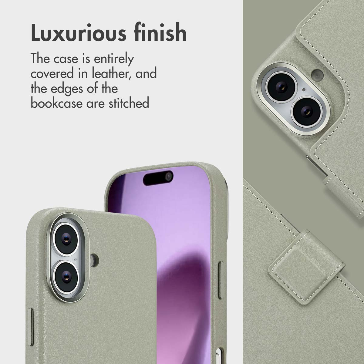 Acabado lujoso: Funda de cuero verde claro con costuras visibles, mostrando la cámara y el cuerpo desde varios ángulos.