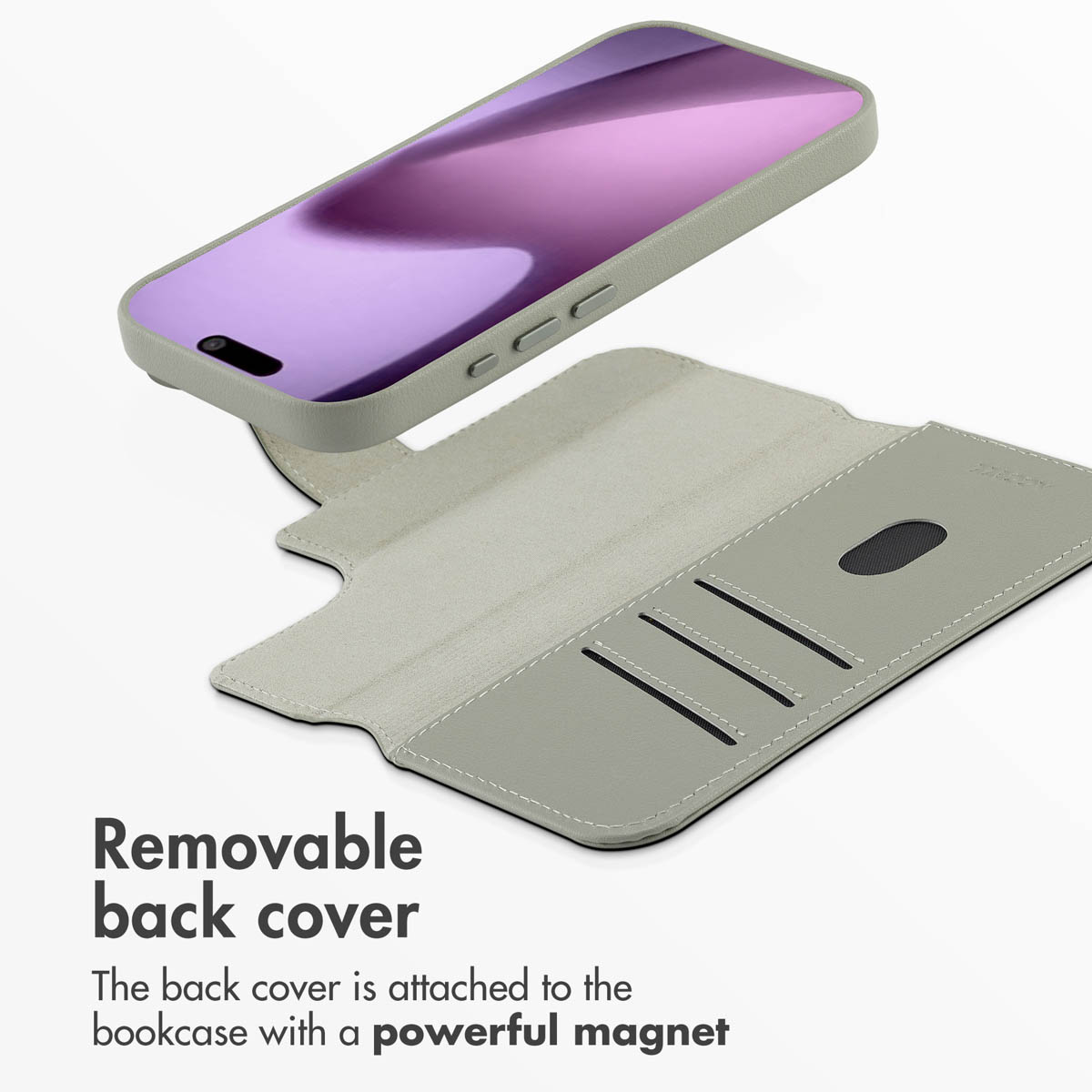 Un smartphone gris en una funda protectora con cubierta trasera extraíble, bordes y ranuras para tarjetas sobre fondo blanco.